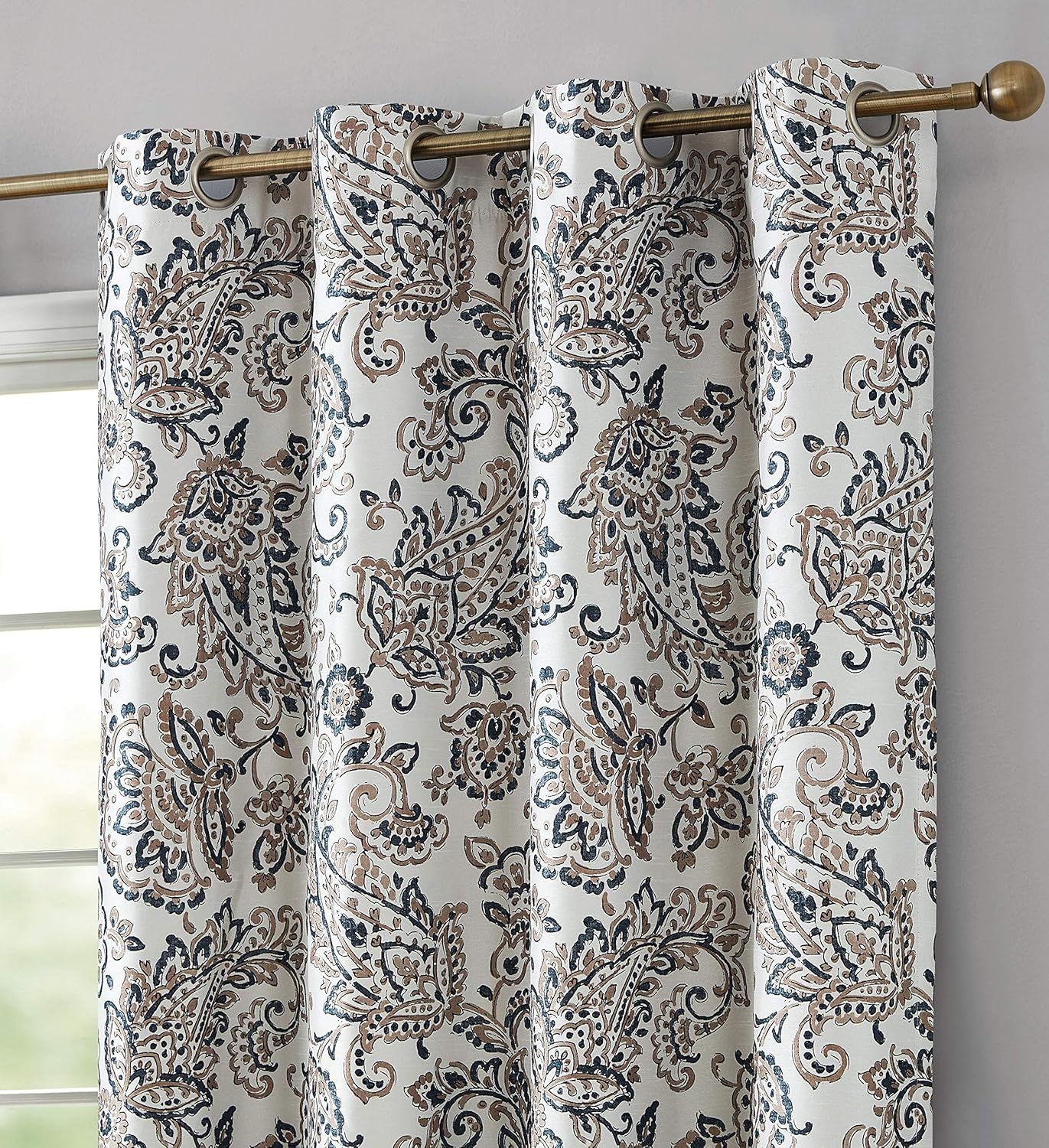 Taupe Paisley Faux Silk Blackout Thermal Curtain Panels, 52" W x 84" L