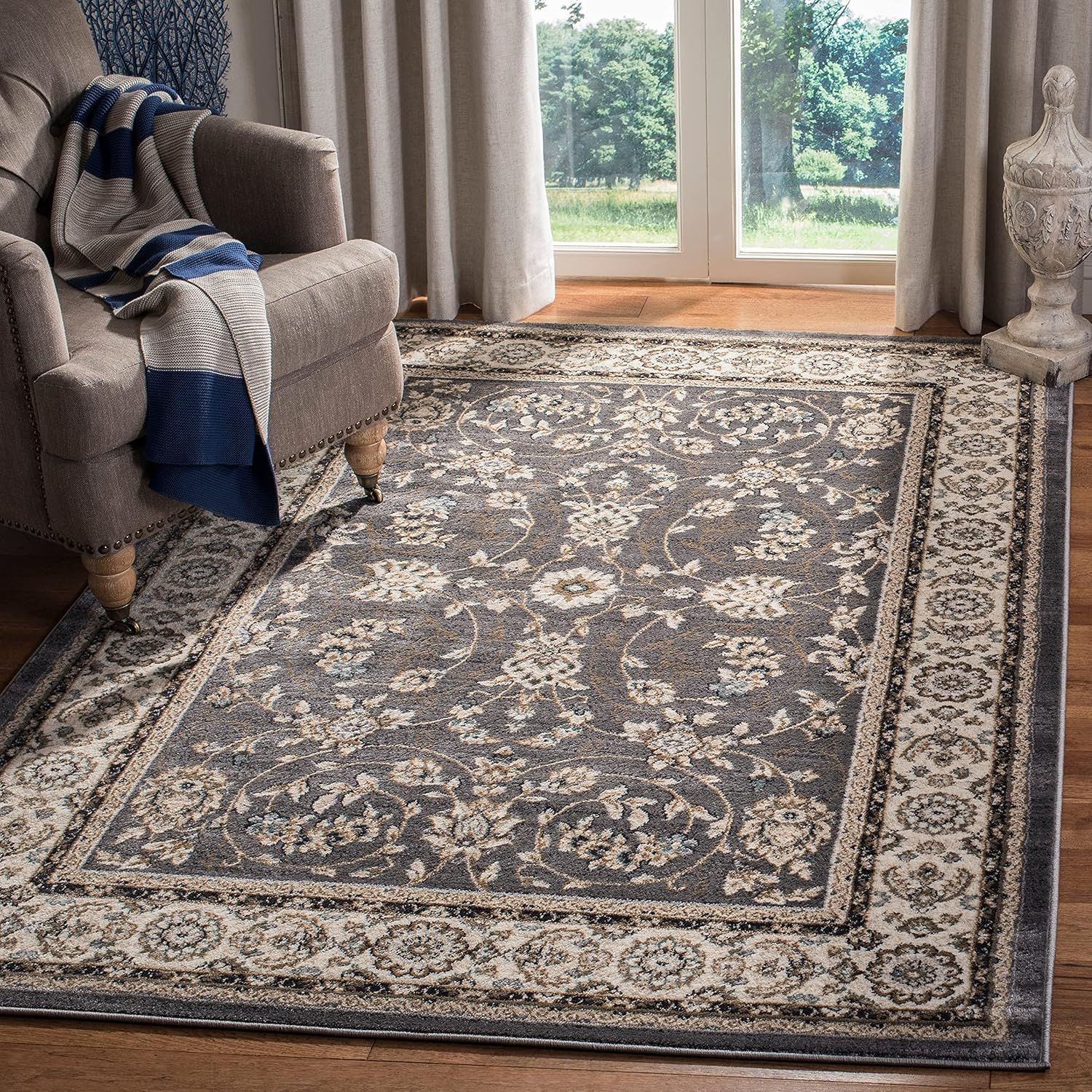 Grey and Cream Floral Synthetic 9' x 12' Area Rug