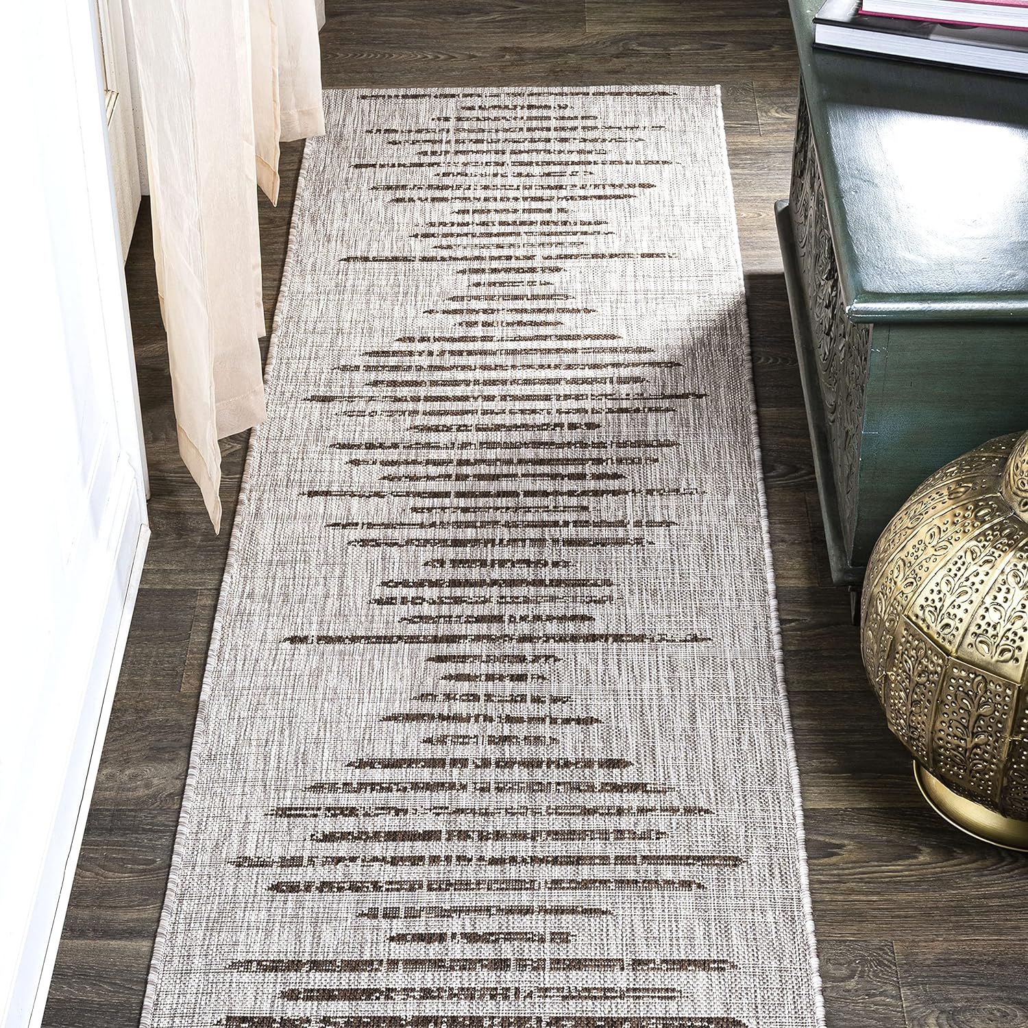 Santa Monica Modern Stripe Synthetic 2x10 Rug in Beige/Brown