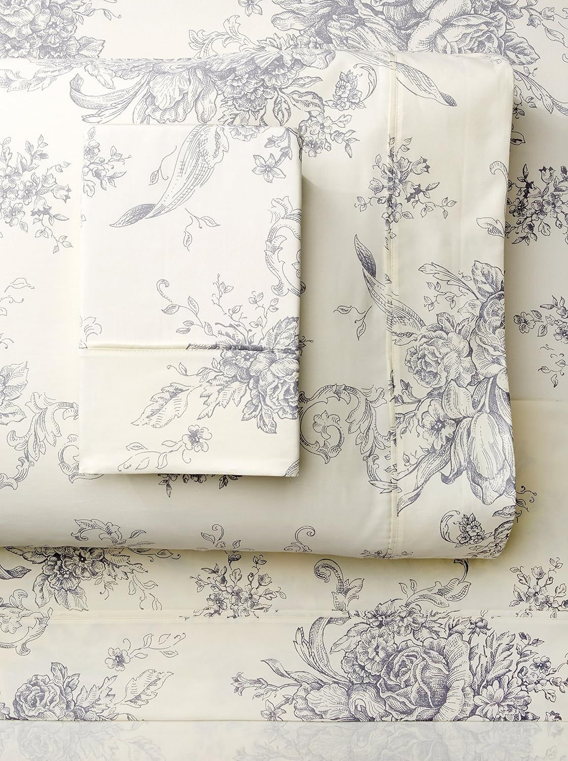 King Gray Cotton Flannel Toile Print Sheet Set