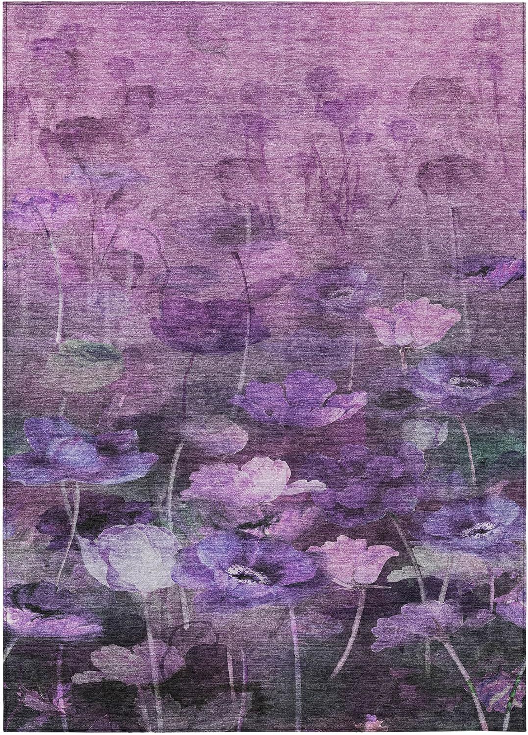 Purple Floral Synthetic Washable Rectangular Rug 3' x 5'