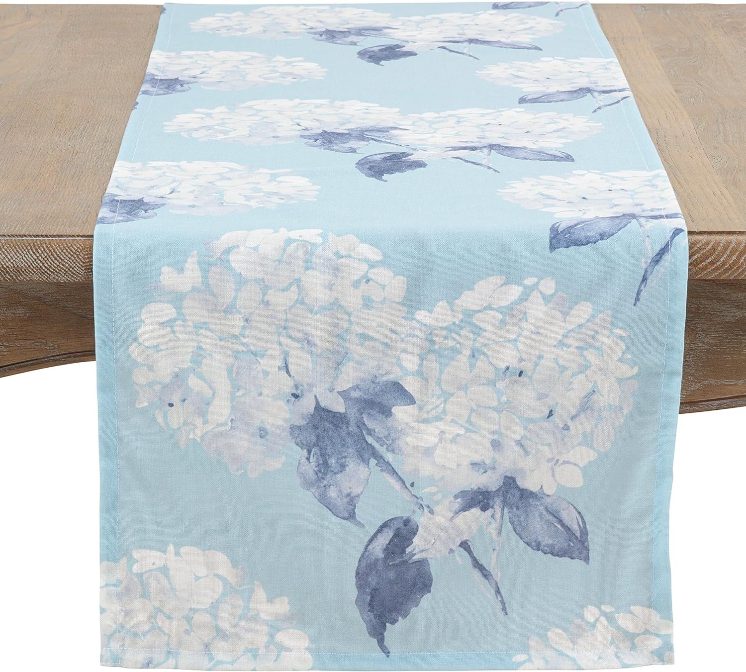 Aqua Floral Hydrangea Polyester Table Runner, 16" x 72"