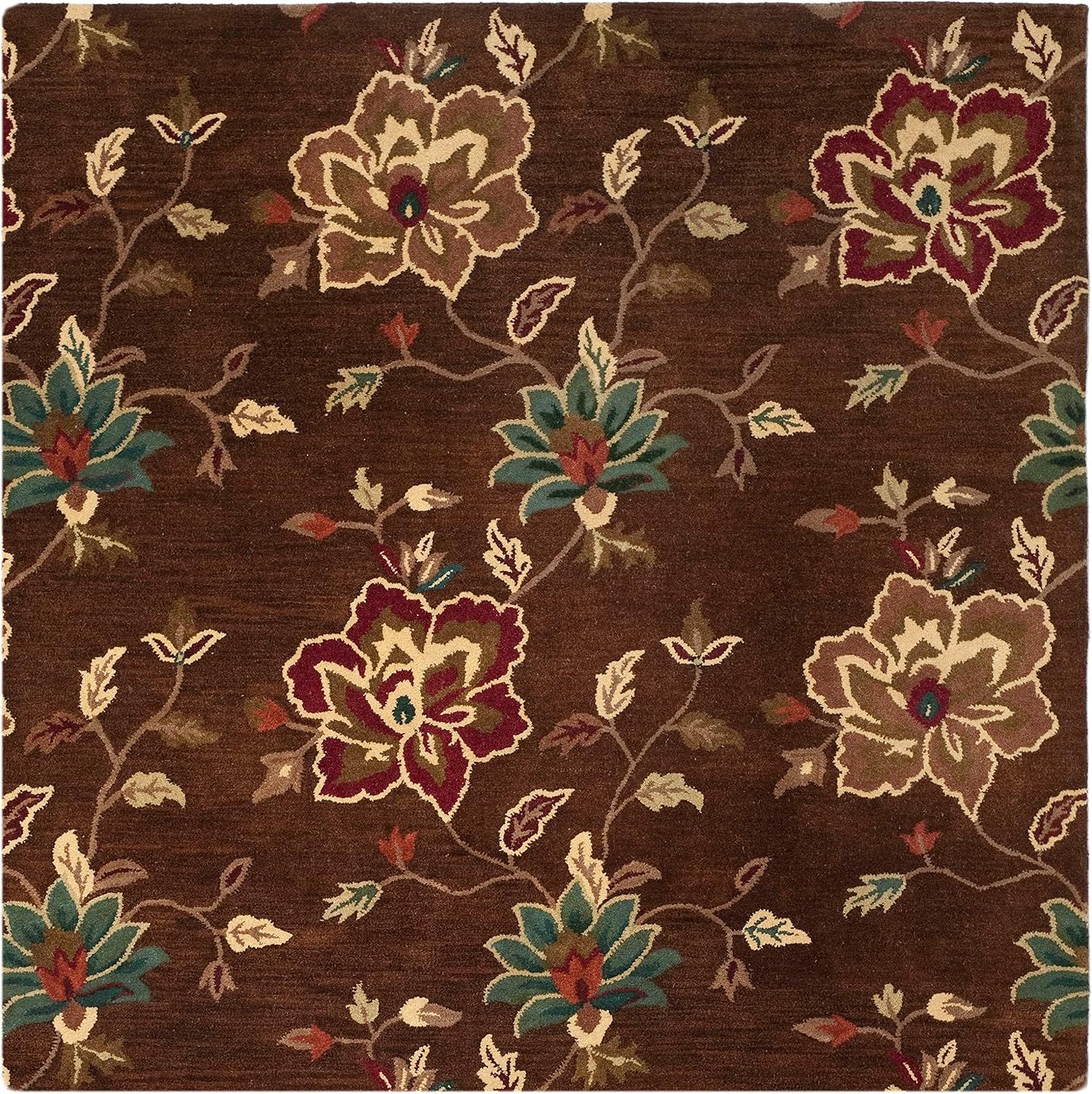 Handmade Brown Floral Wool Square Area Rug