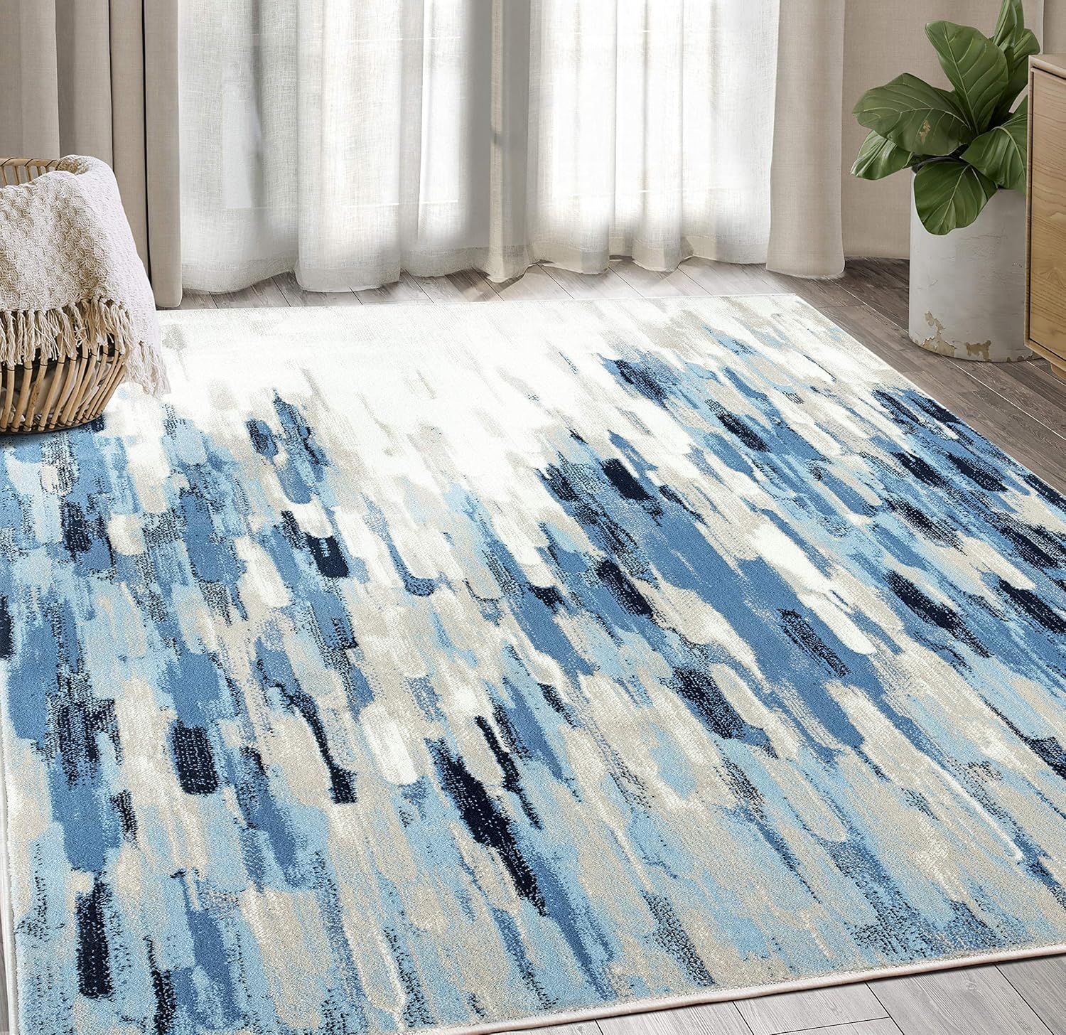 Blue and Beige Abstract Easy Care Area Rug, 4'x6'