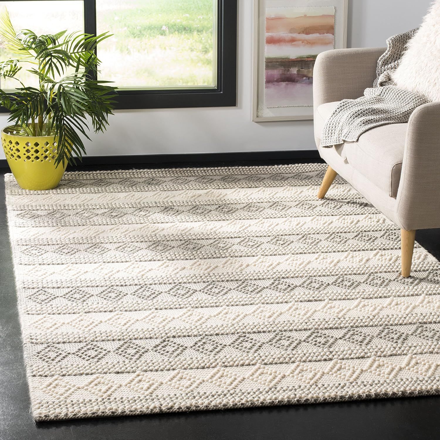 Ivory and Gray Handmade Wool 9' x 12' Area Rug