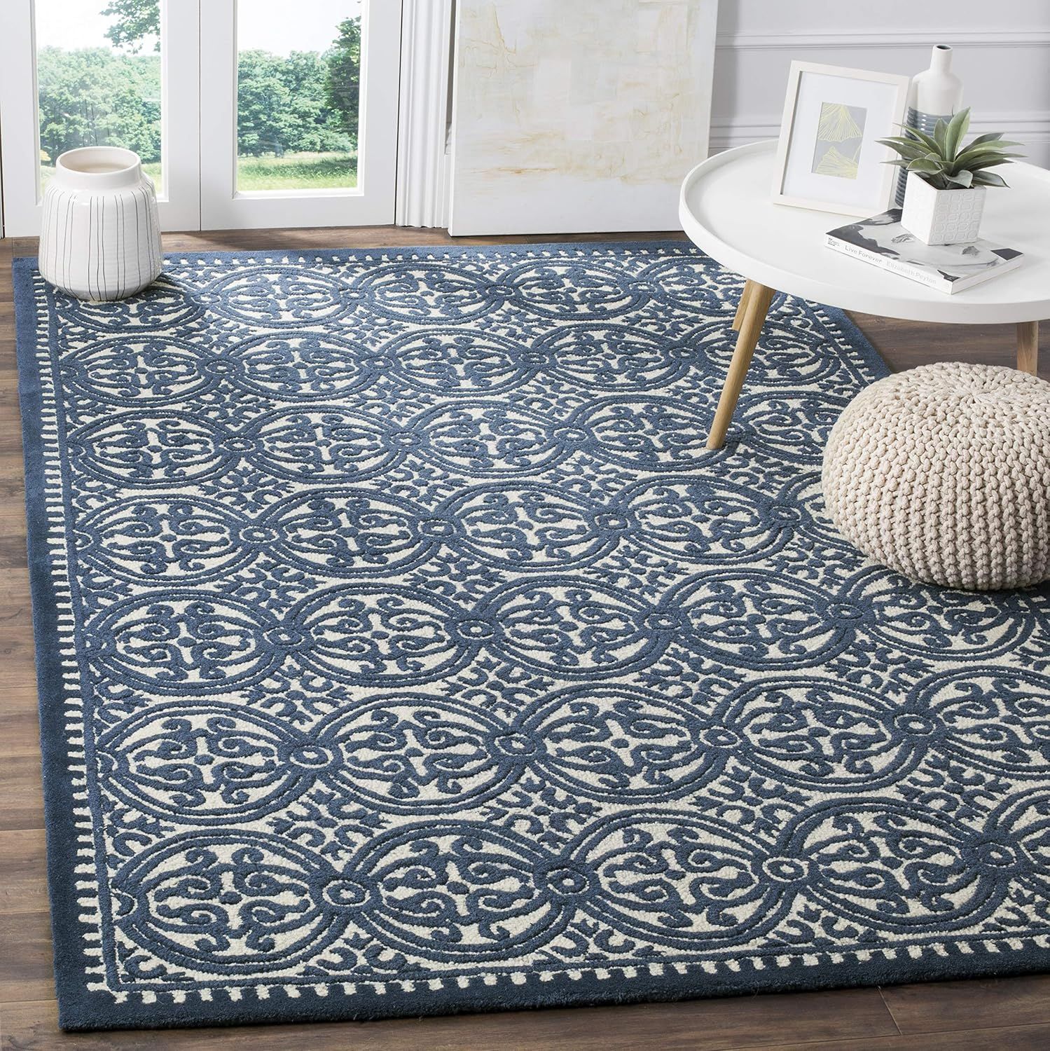 Ivory and Navy Handmade Wool Runner Rug