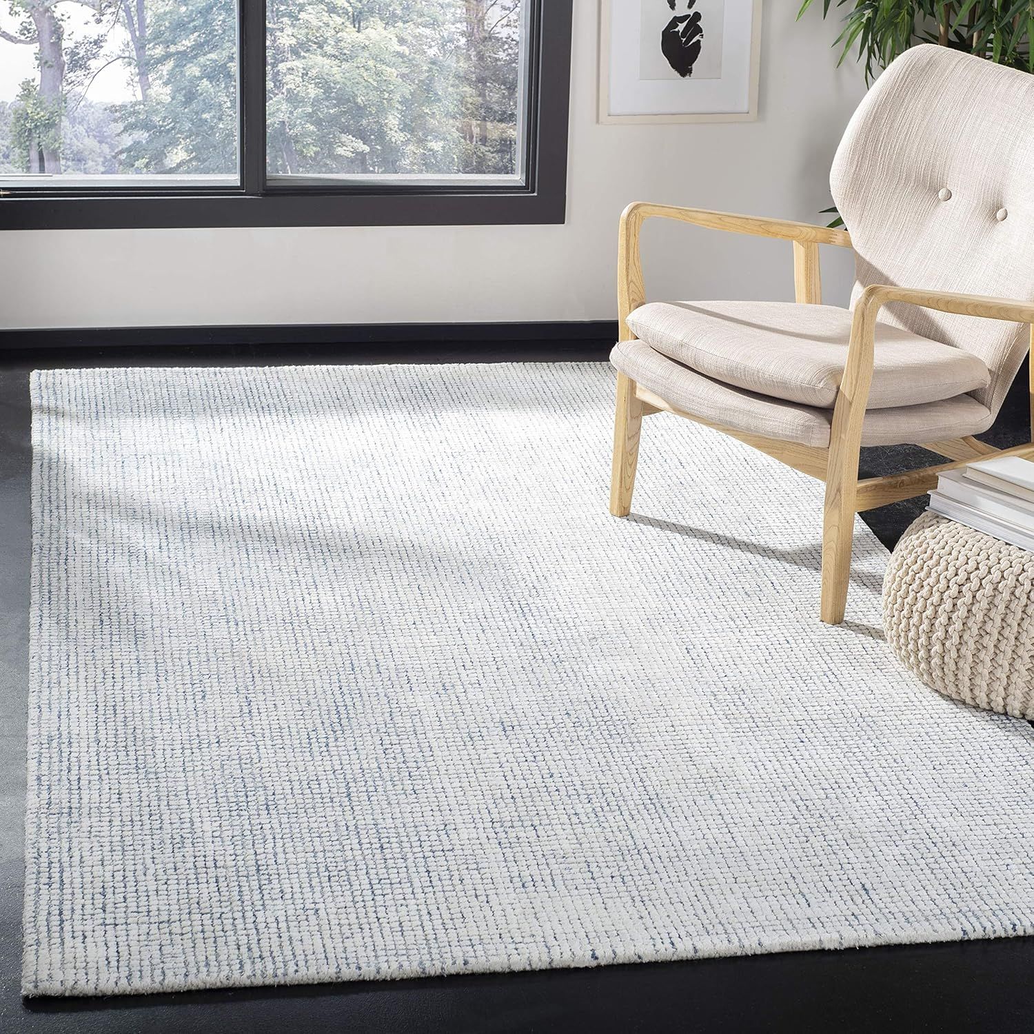 Ivory and Blue Handmade Wool Abstract Area Rug