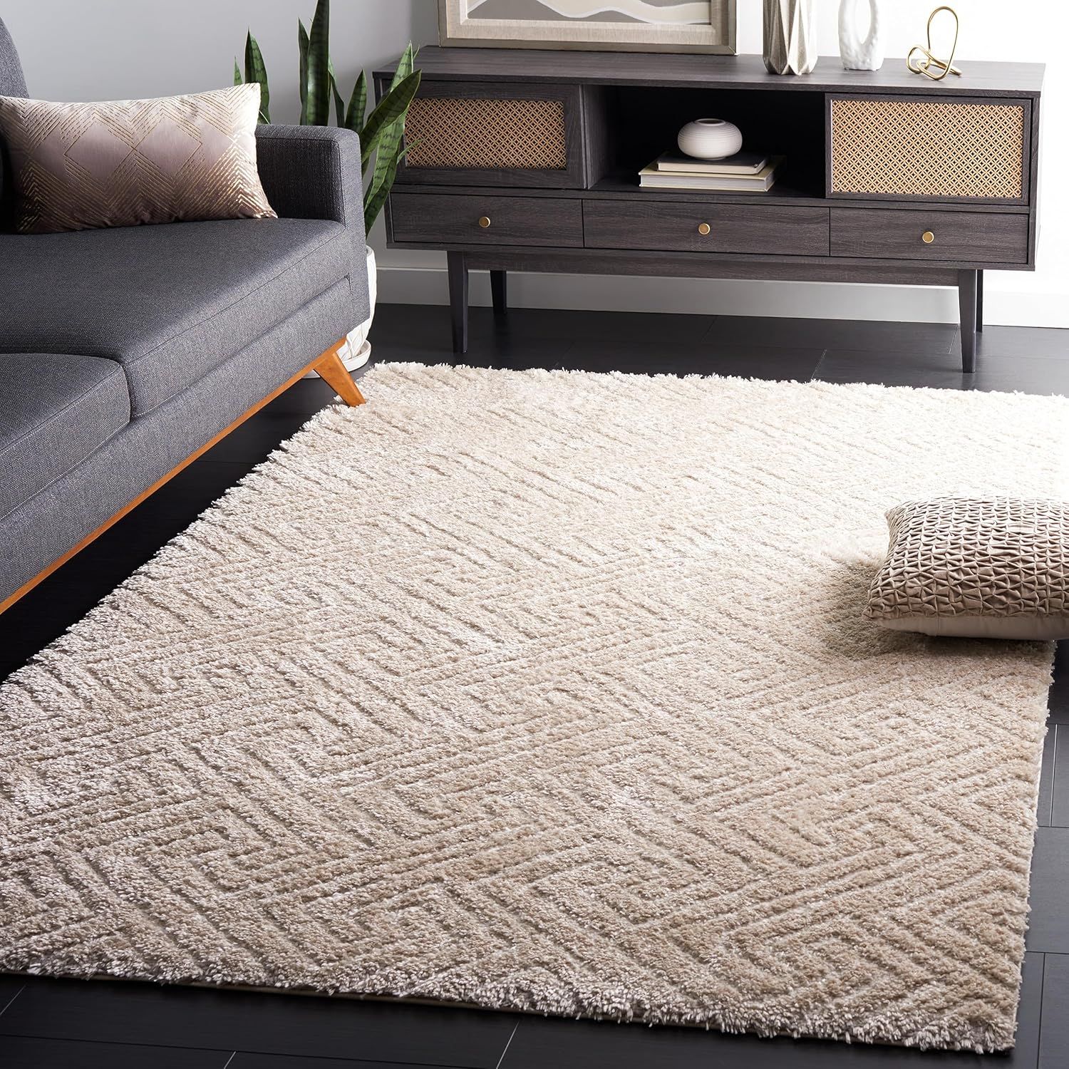 Safavieh Tahoe Shag Collection Area Rug - 4' x 6', Beige, Geometric Design, 1.2-inch Thick Ideal for High Traffic Areas in Living Room, Bedroom, Dining (THO652D-4)