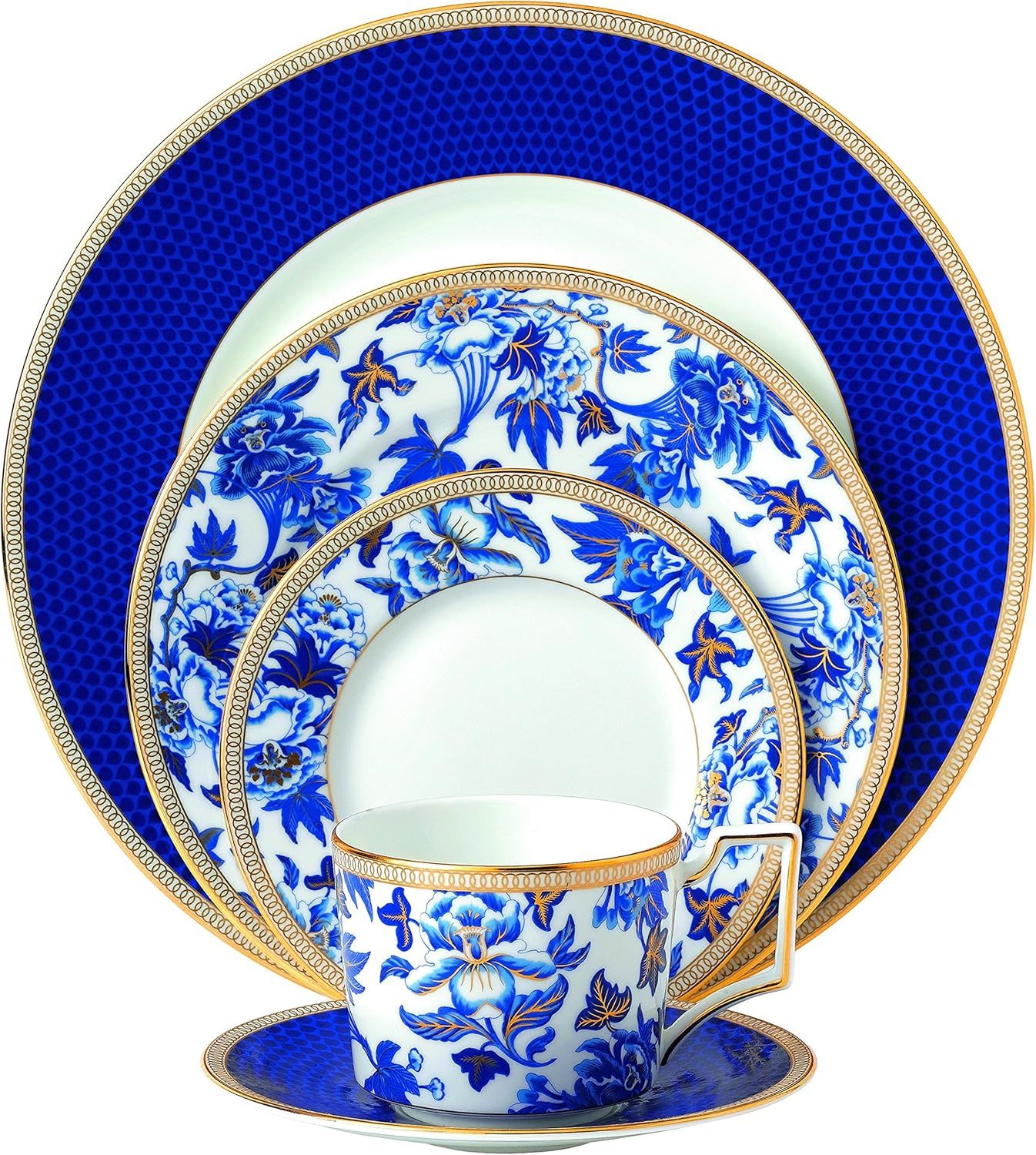 Hibiscus Blue and Gold 5 Piece Porcelain Place Setting