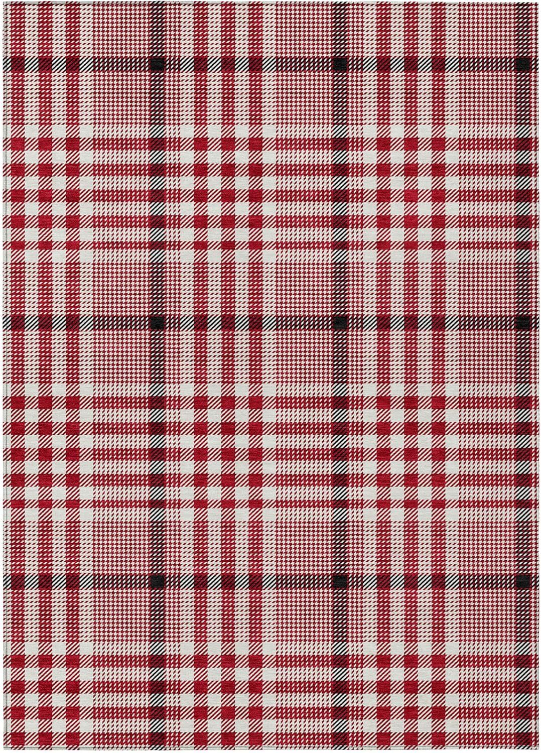 Red Plaid Synthetic Washable Indoor Outdoor Rug 3' x 5'