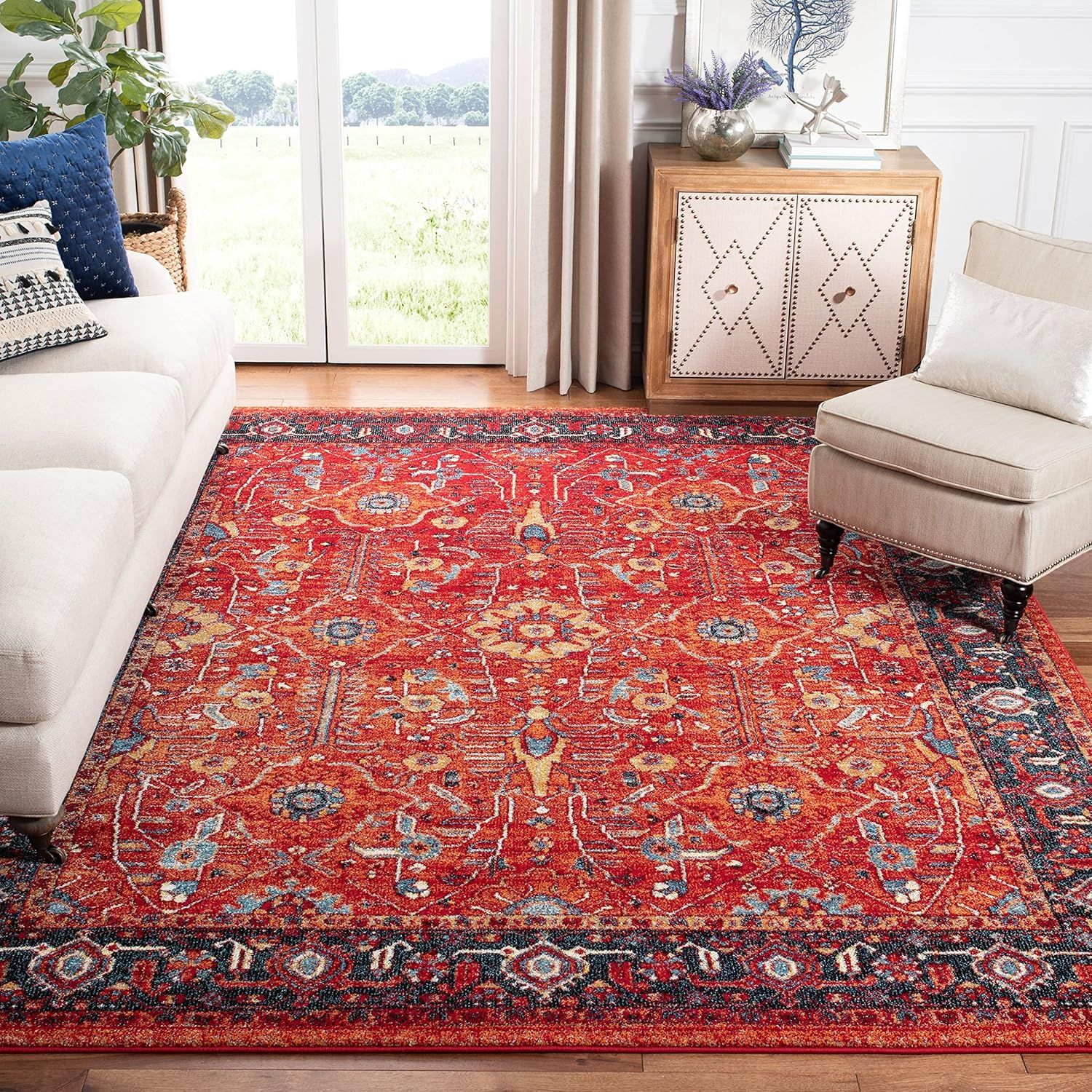 Ruby Red Synthetic Floral Motif Area Rug with Border Embellishment