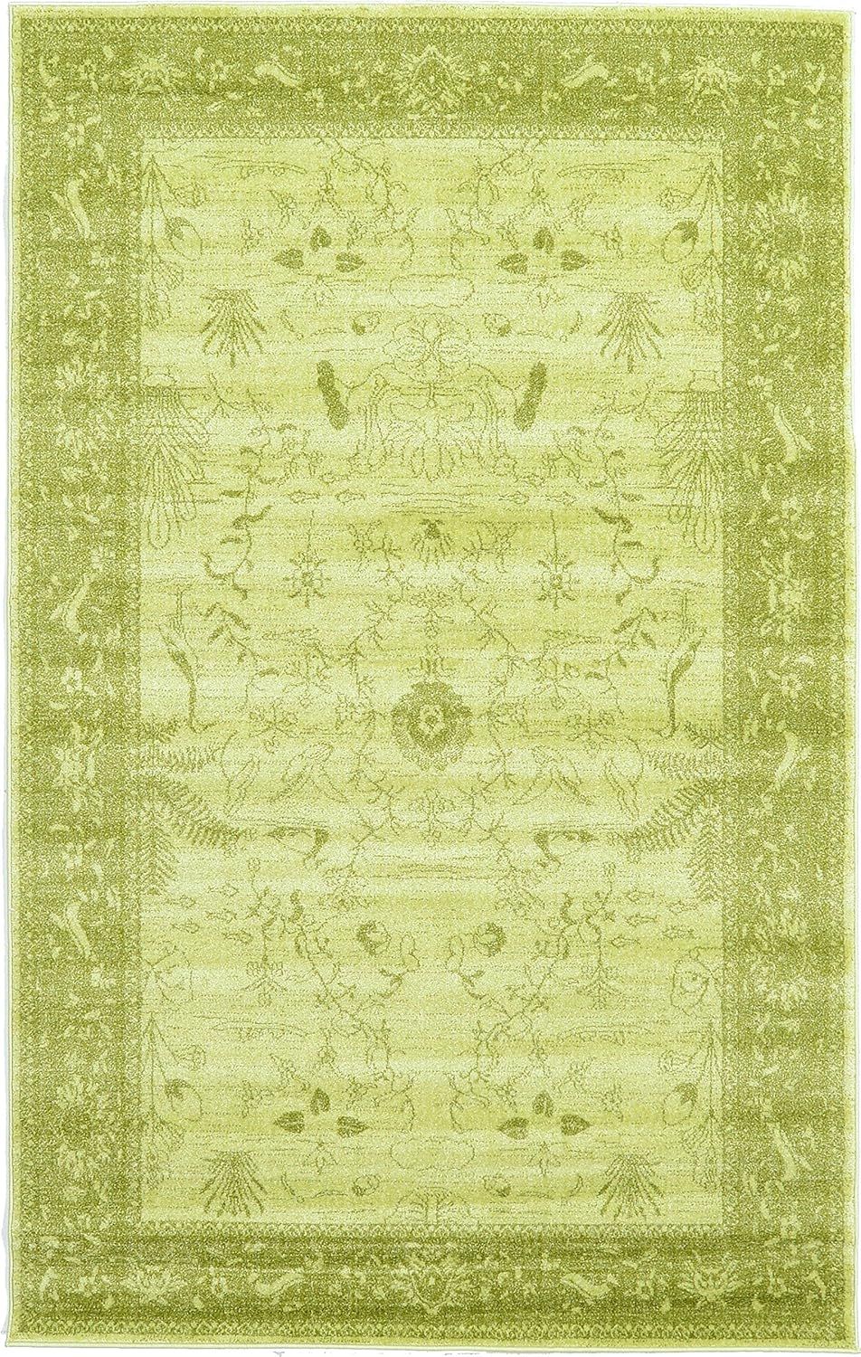 Light Green Floral Synthetic Rectangular Area Rug, 5 x 8 ft