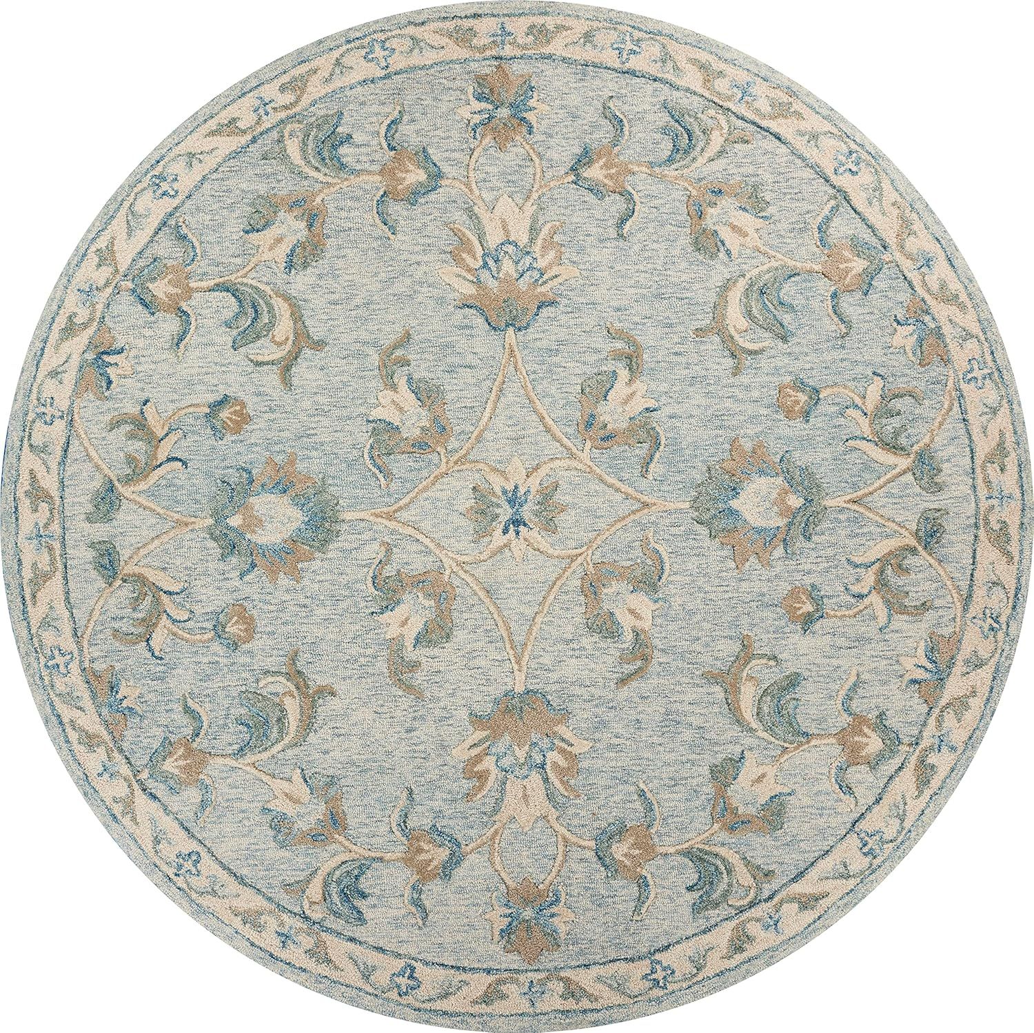 Hand-Tufted Victorian Floral Bloom Round Rug in Blue/Cream Wool