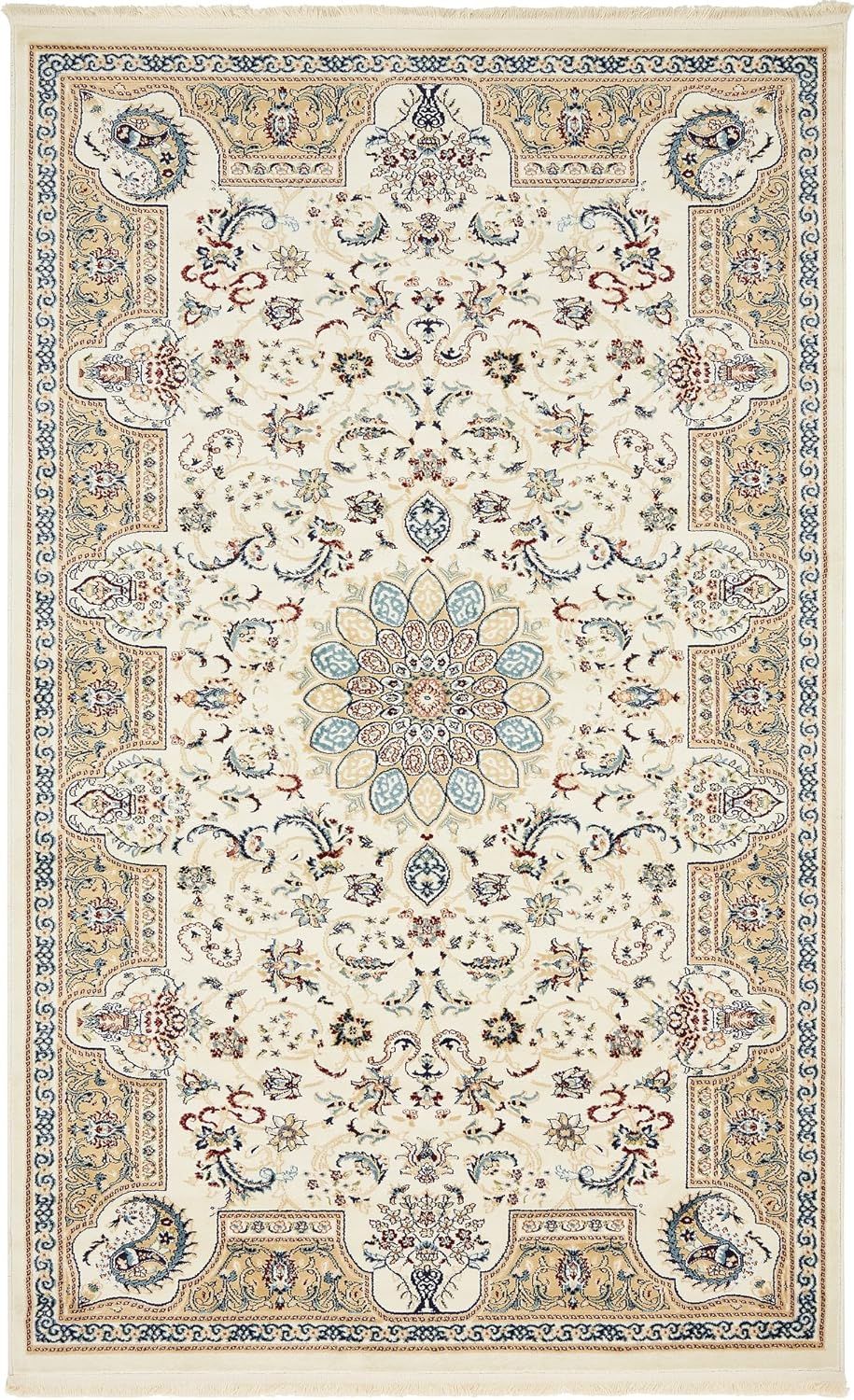 Ivory Floral Rectangular Synthetic Easy Care Rug