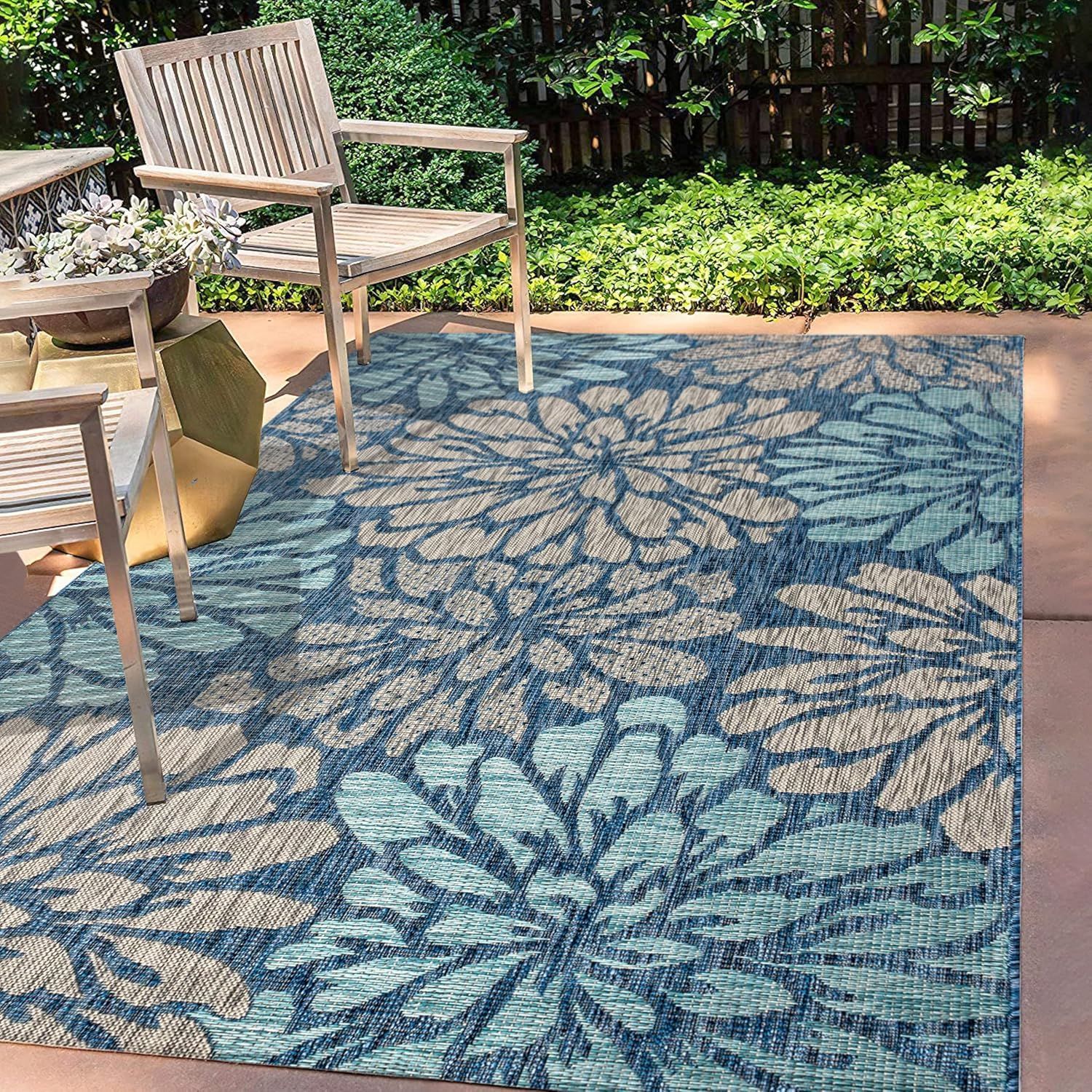 Navy Aqua Floral Synthetic Flat Woven Reversible Rug 5x8