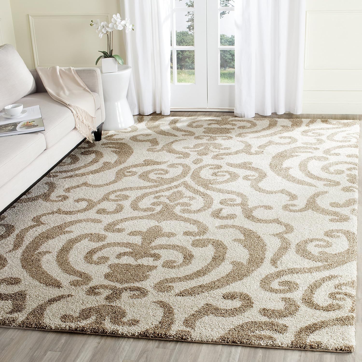 Cream Beige Floral Shag Synthetic Rug 11' x 15'