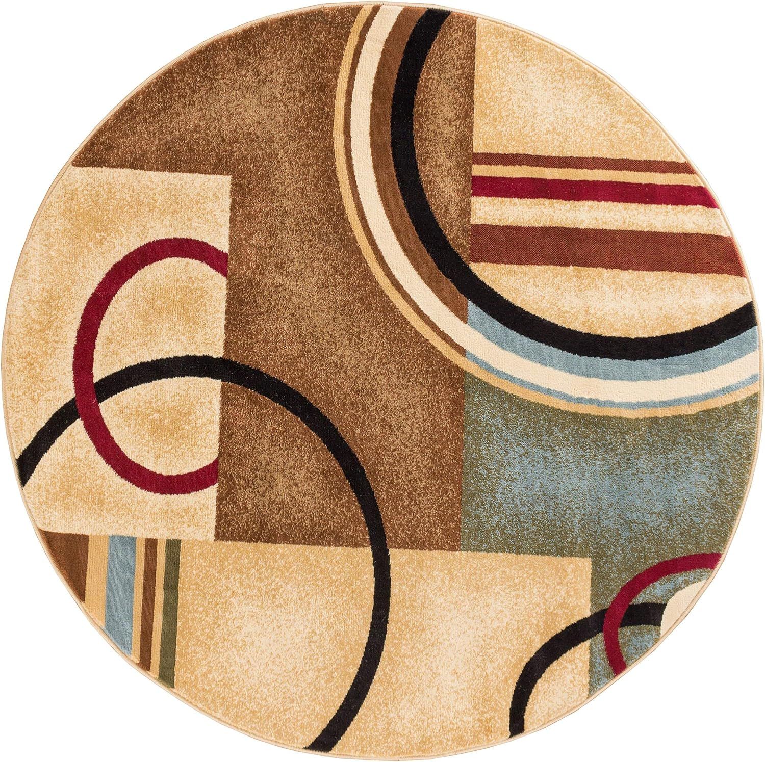 Ivory and Multicolor Round Geometric Area Rug 5'3"