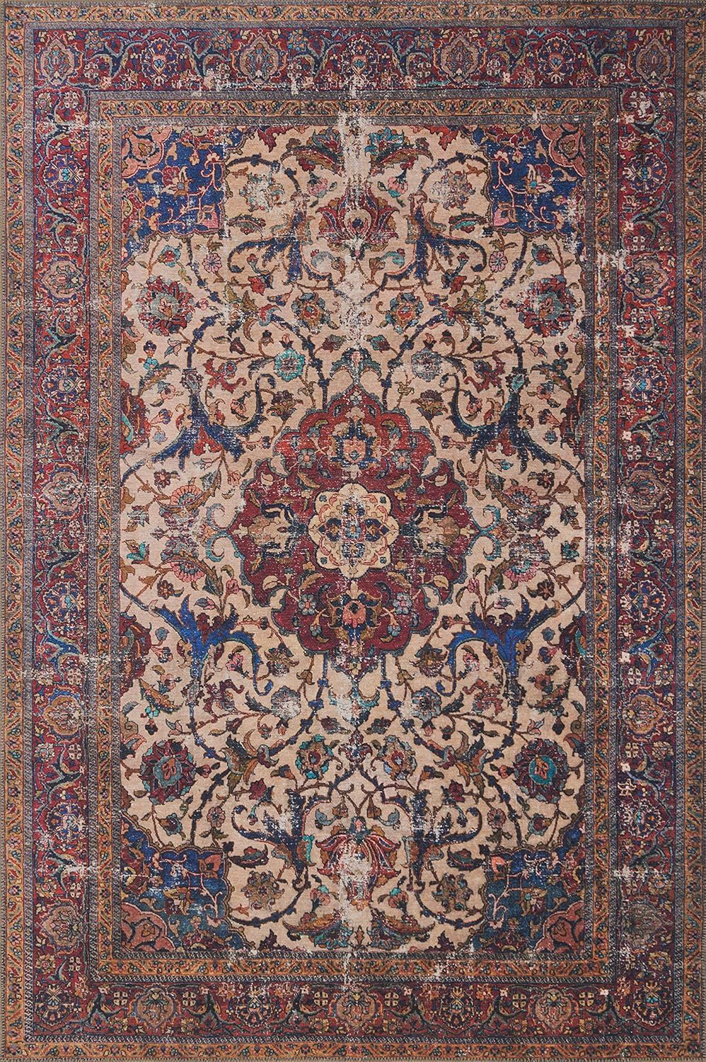 Sand and Multicolor Floral Hand-Knotted Synthetic Area Rug