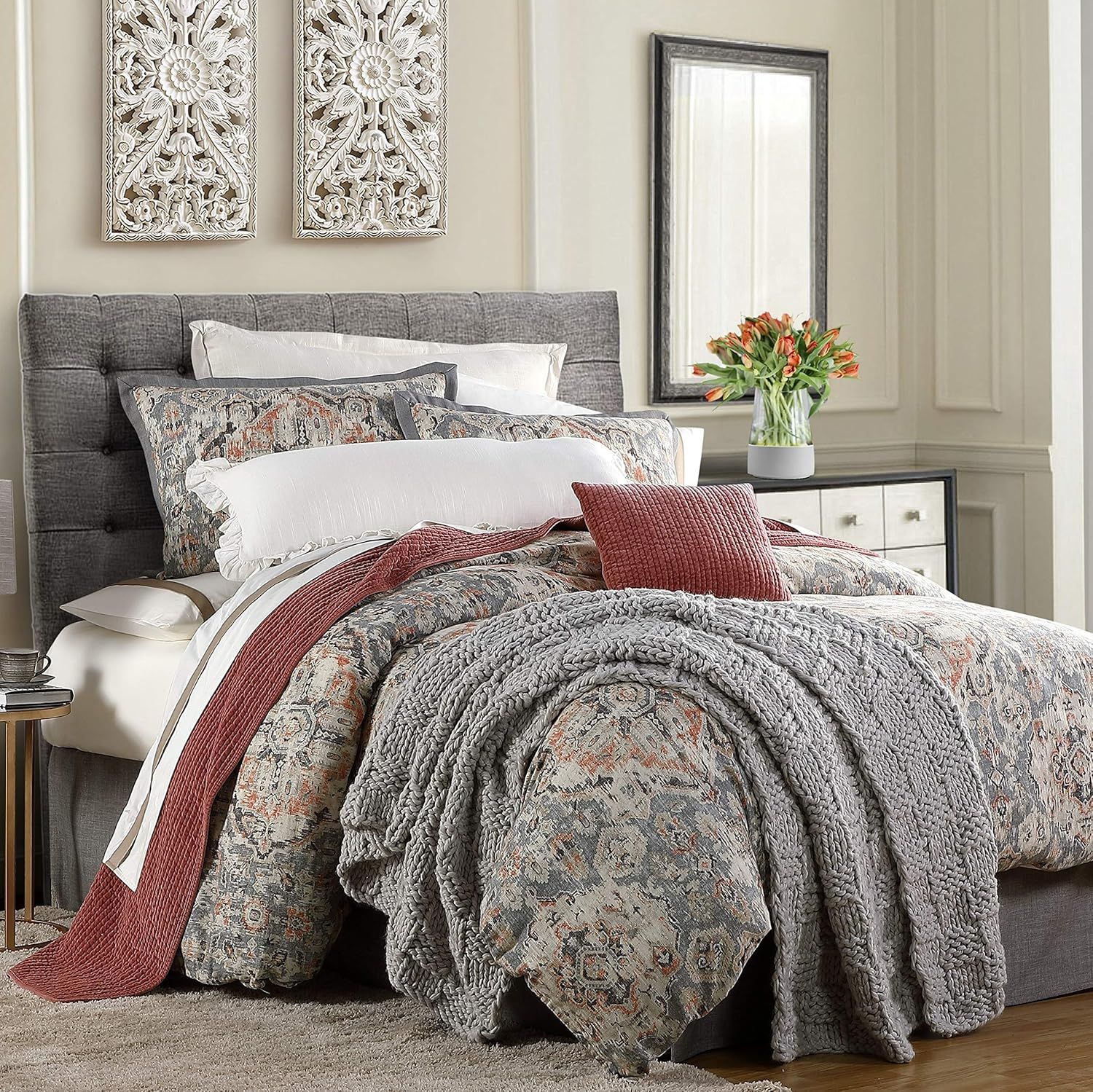 Gray Cotton Queen Comforter Set with Pillow Shams