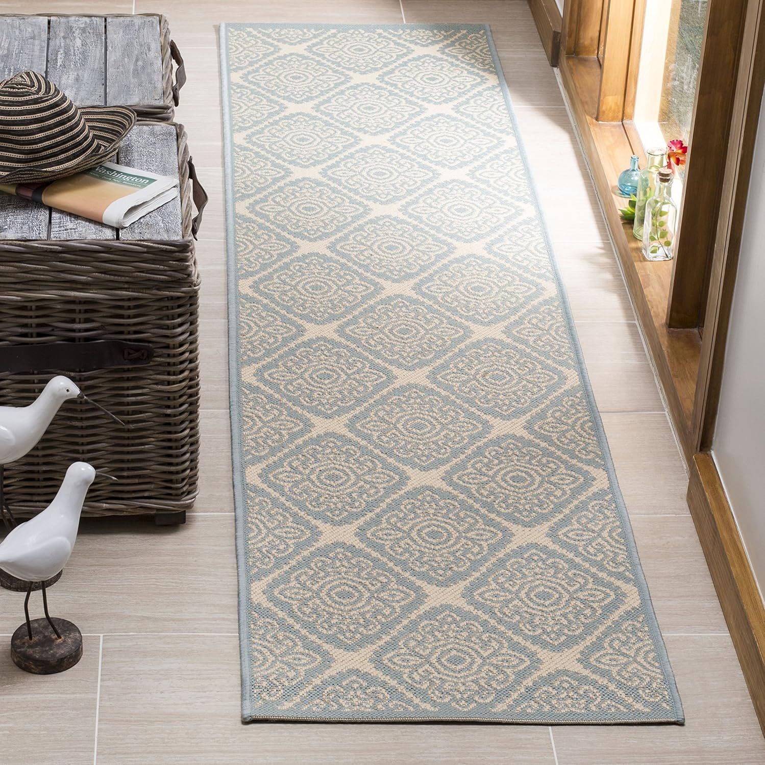 Cream Beige Flat Woven Geometric Synthetic Runner Rug