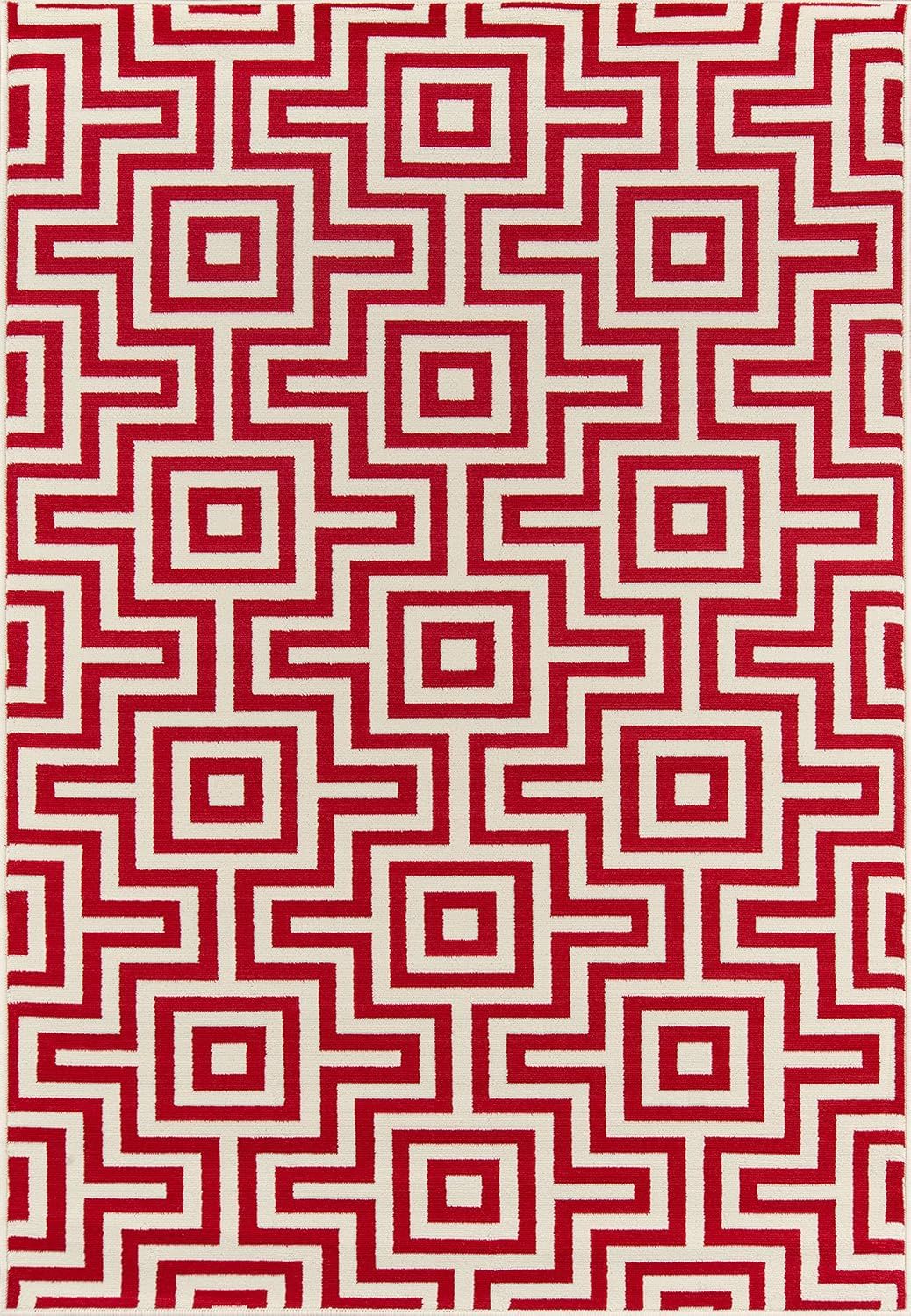 Red and Beige Geometric Flat Woven Synthetic Rug, 4' x 6'