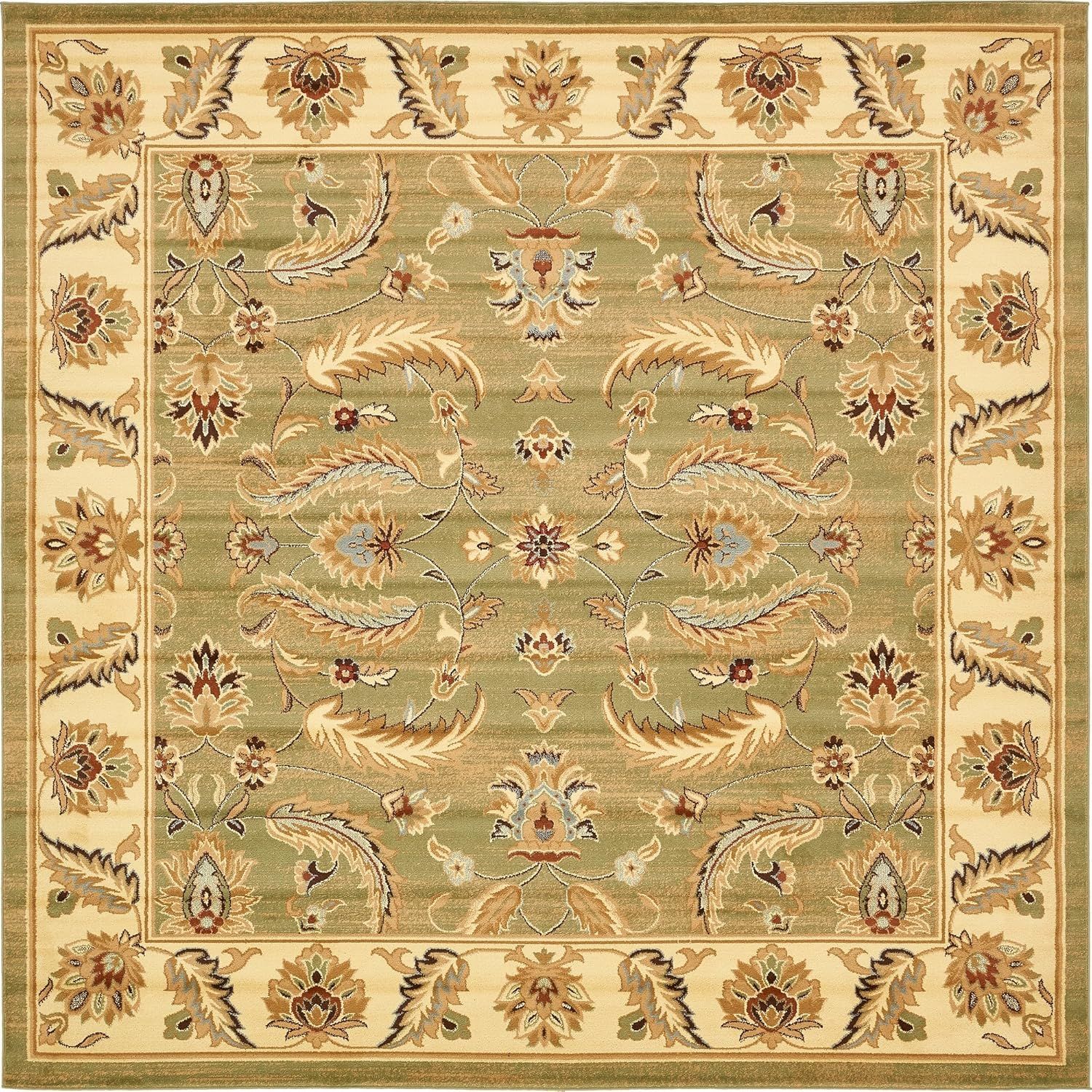 Green Floral Square Stain-Resistant Synthetic Area Rug