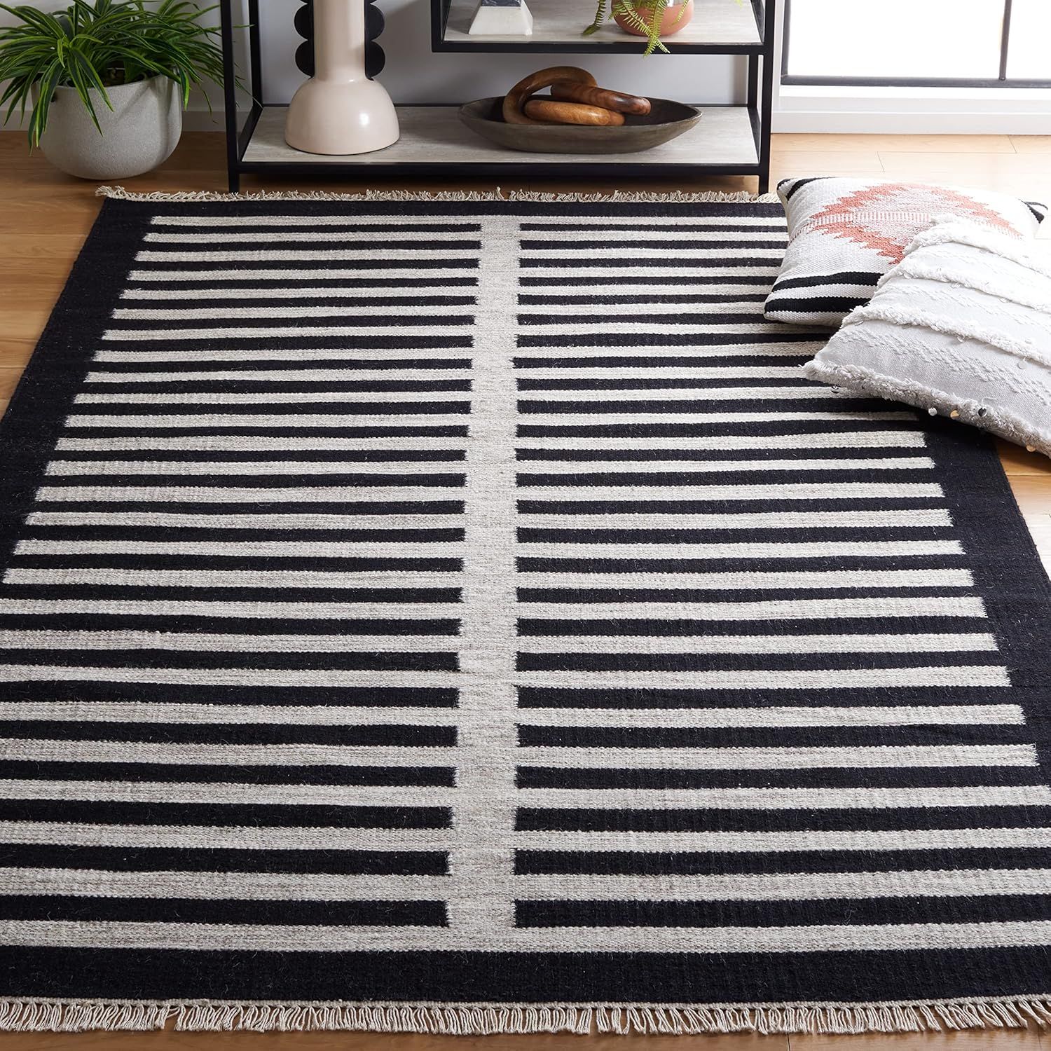 Beige and Black Wool Flat Woven Striped Rug, 3' x 5'