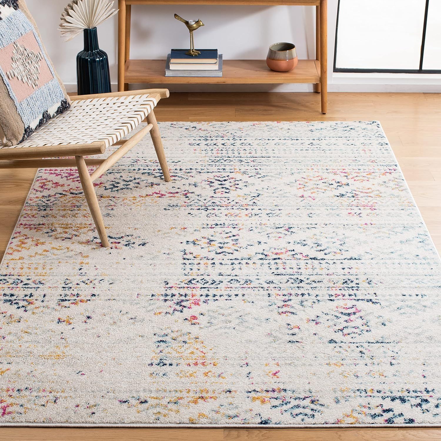 Ivory and Blue Geometric Square Stain-Resistant Rug