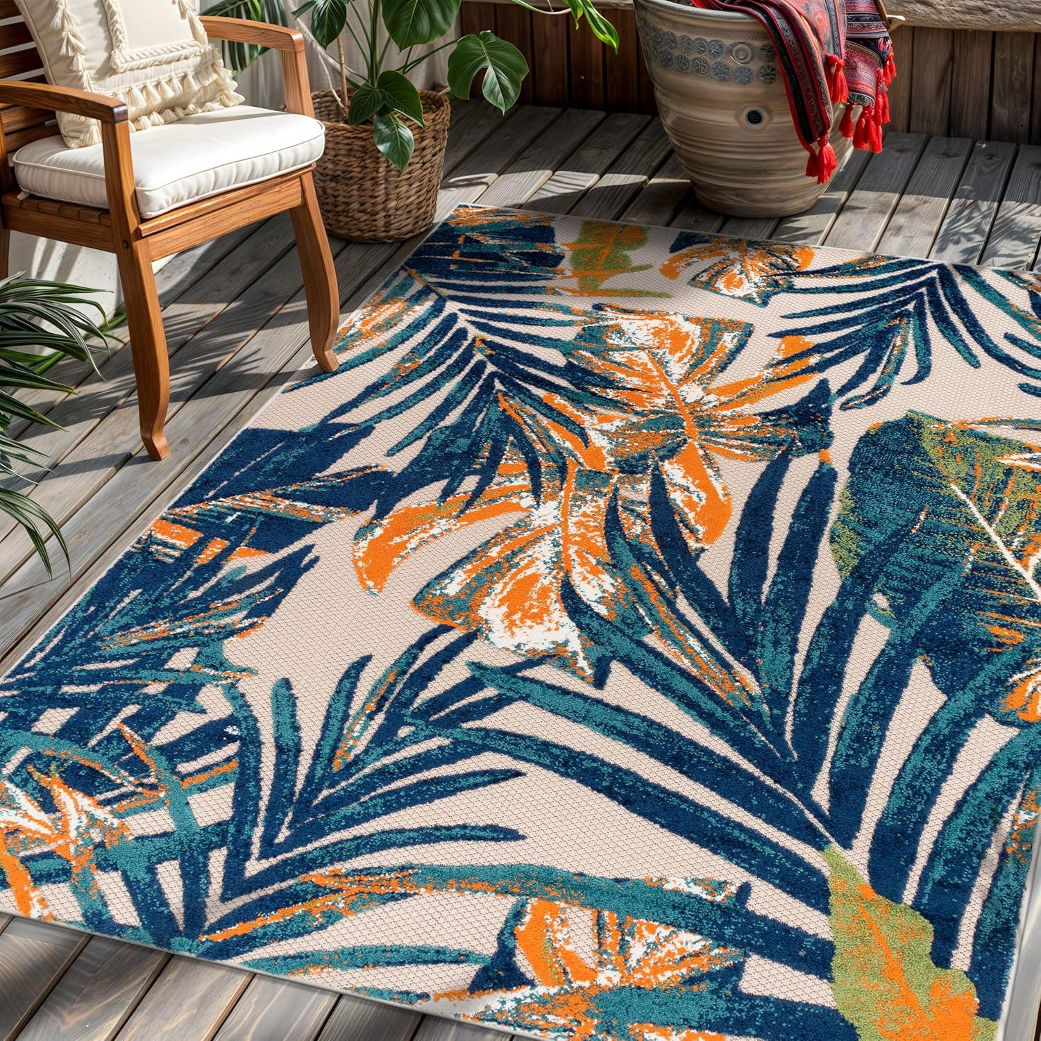 Tropical Floral Multi-Color Synthetic Indoor/Outdoor Rug 3'3"x5'