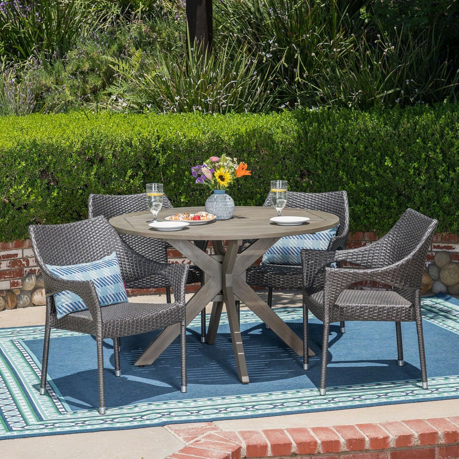 Gray 5-Piece Acacia Wood and Wicker Outdoor Dining Set