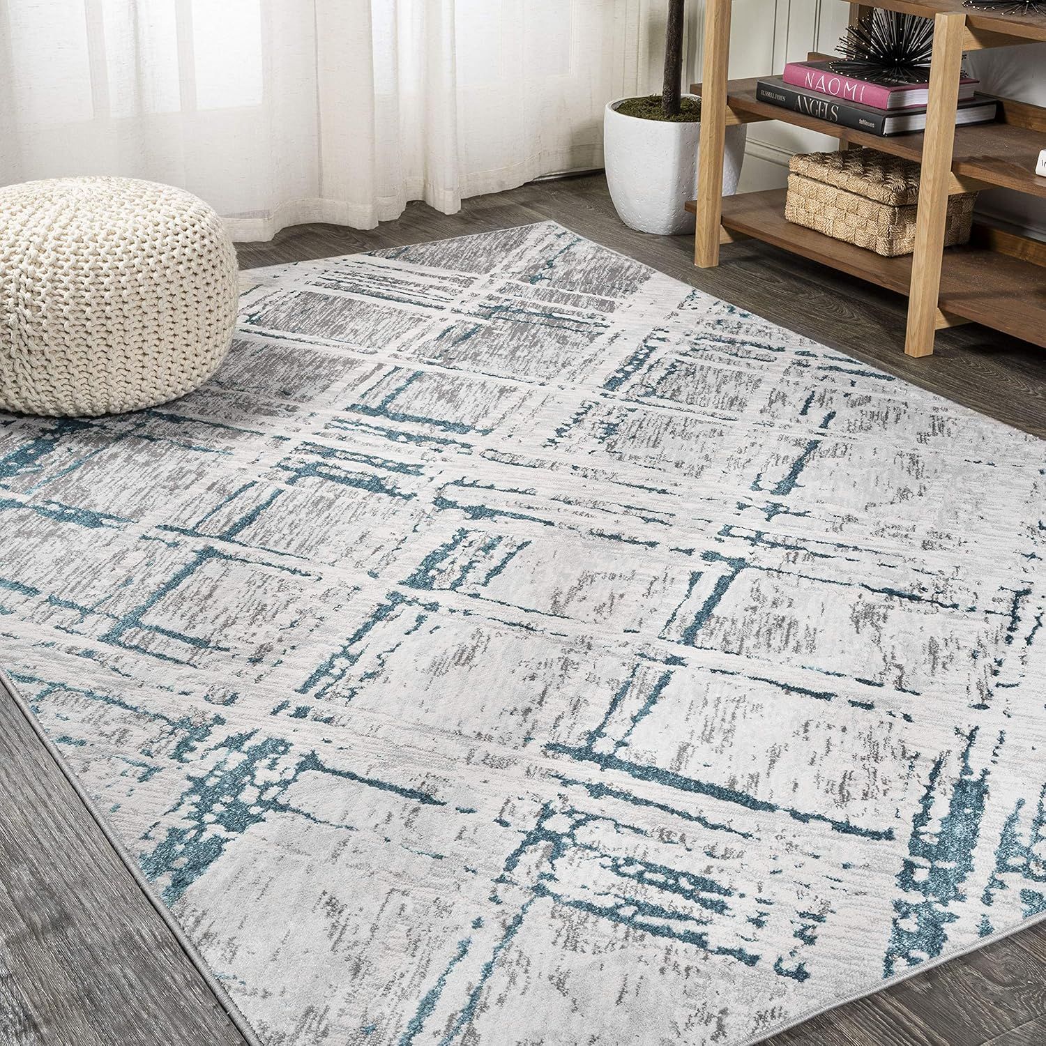 Modern Abstract Gray and Turquoise 8' x 10' Synthetic Area Rug