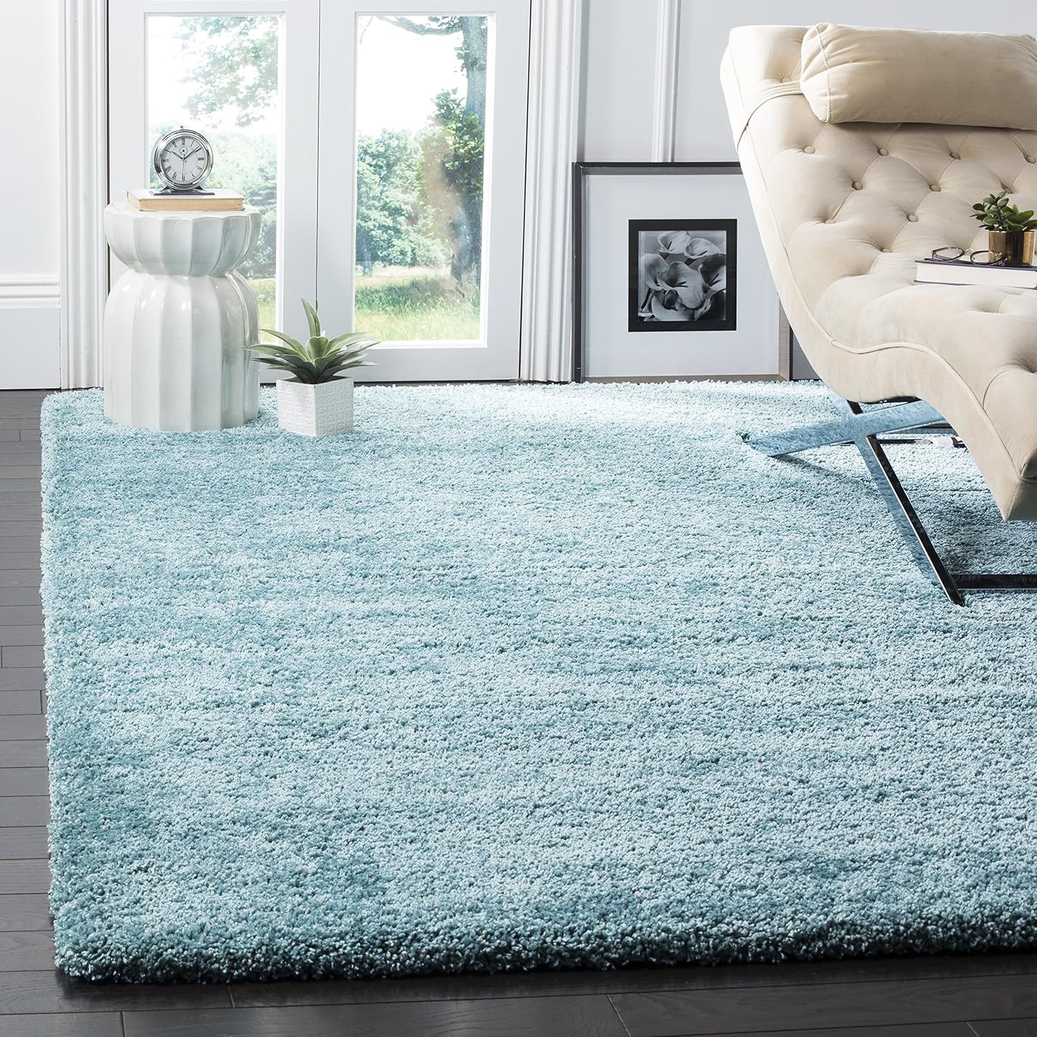 Ultra-Soft Aqua Blue Geometric 8' Square Shag Area Rug