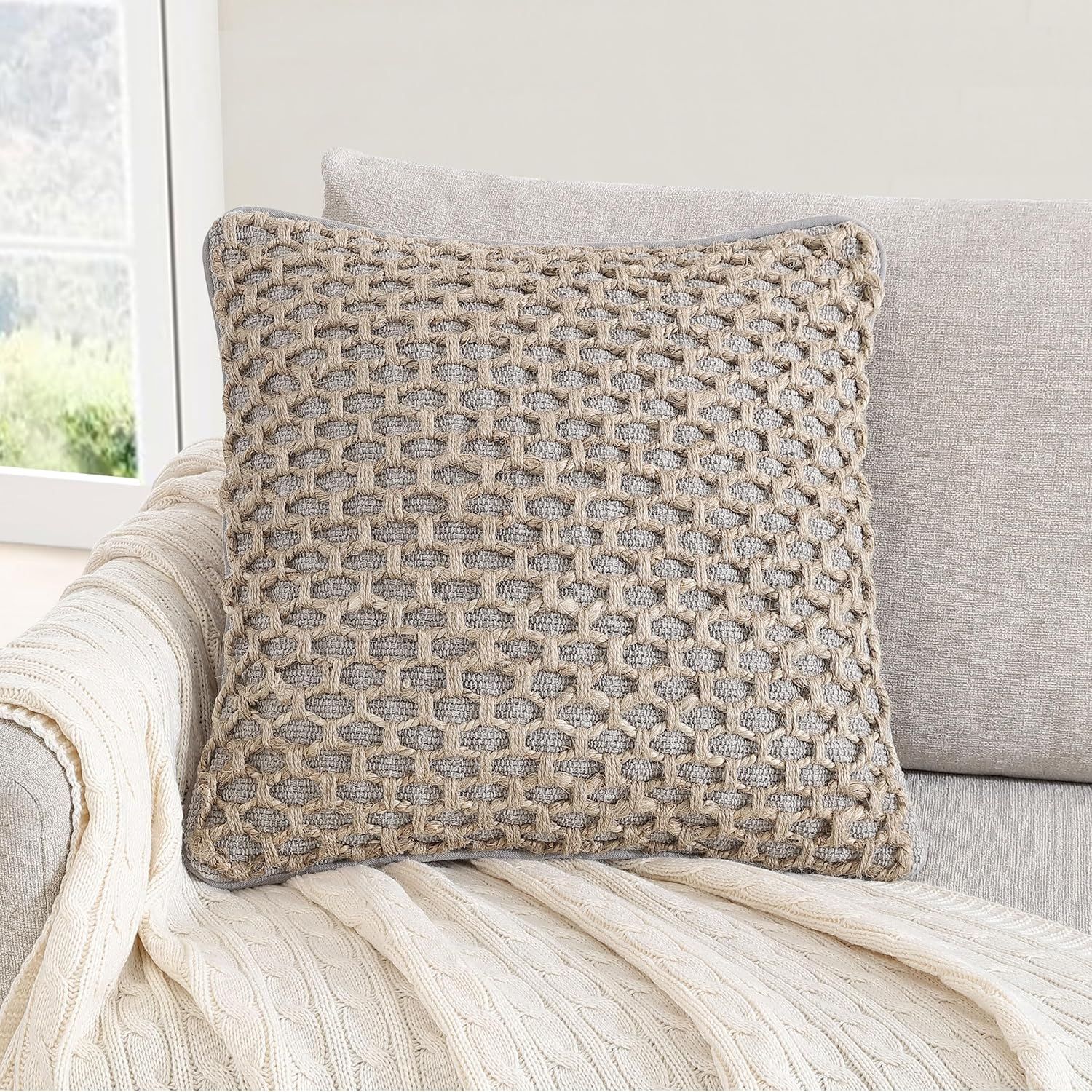 Coastal Brown and Gray Jute Accent Pillow with Rope Trim