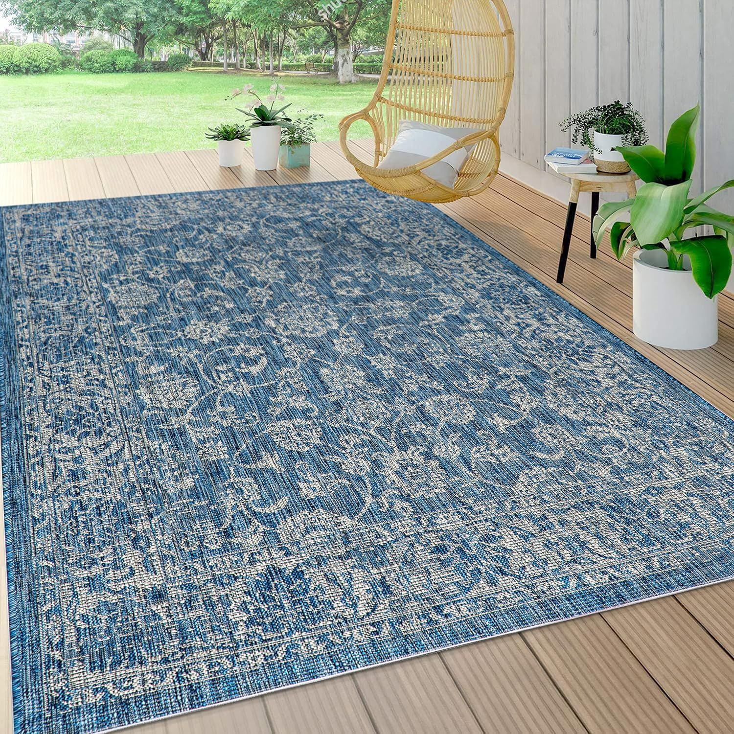 Navy and Gray Floral Synthetic 4' x 6' Reversible Area Rug