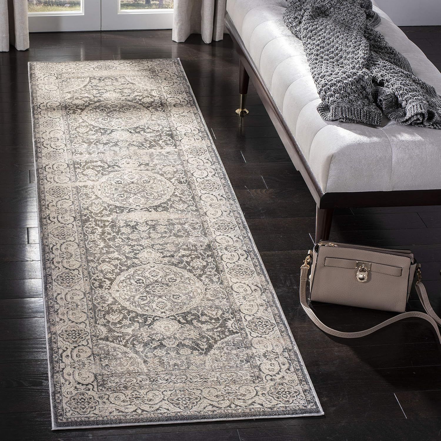 Gray Floral Motif Low Pile Synthetic Area Rug