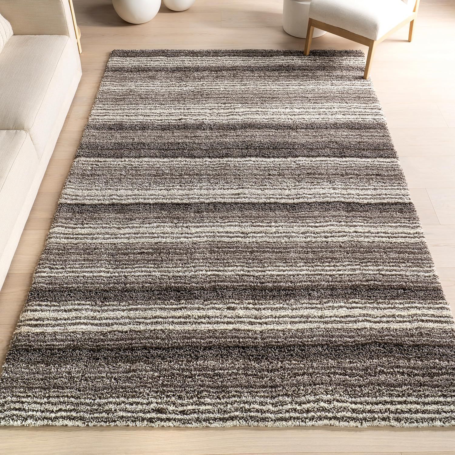 Gray Multi Striped Synthetic Shag 8' x 10' Area Rug