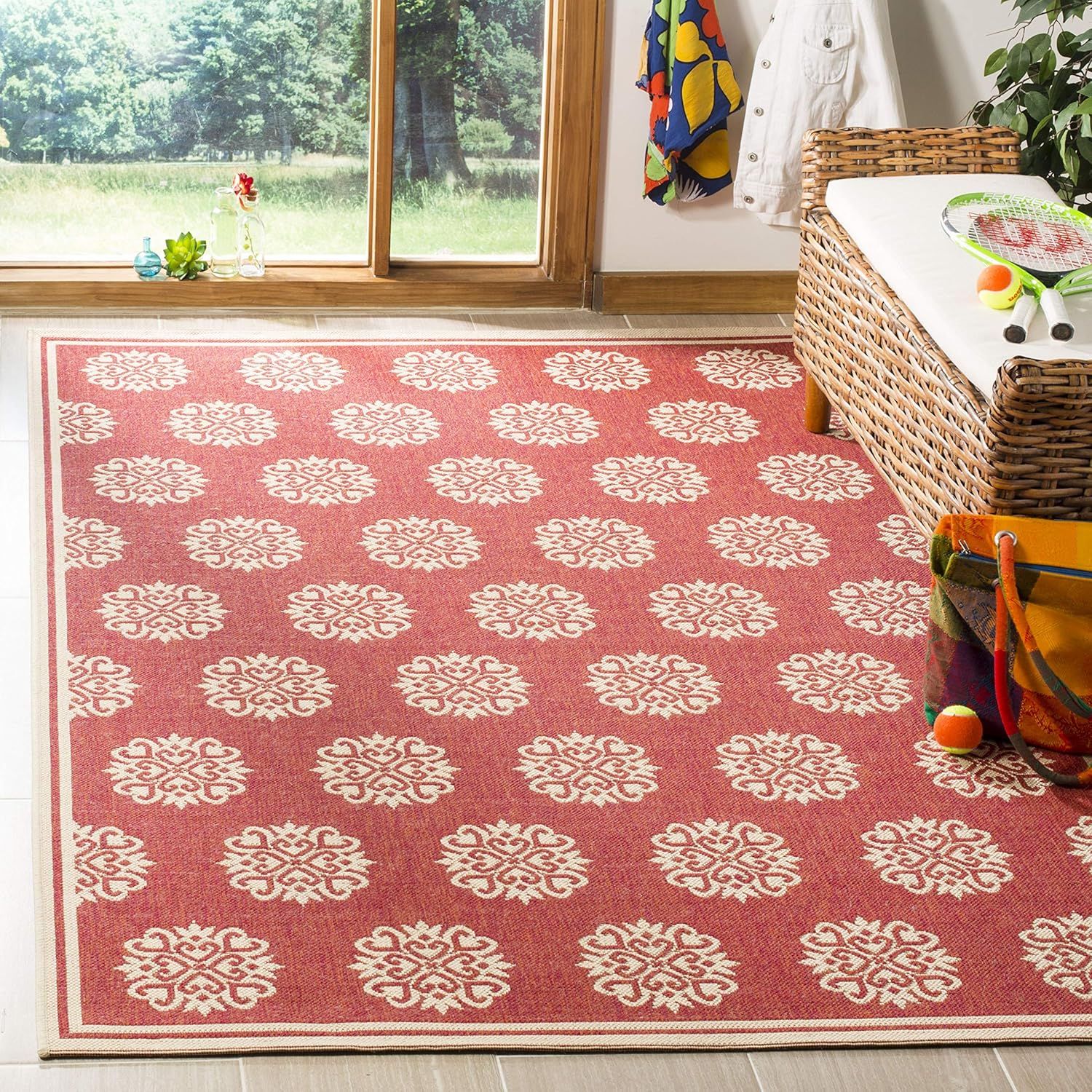 Geometric Red Synthetic 5' x 7' Easy-Care Area Rug