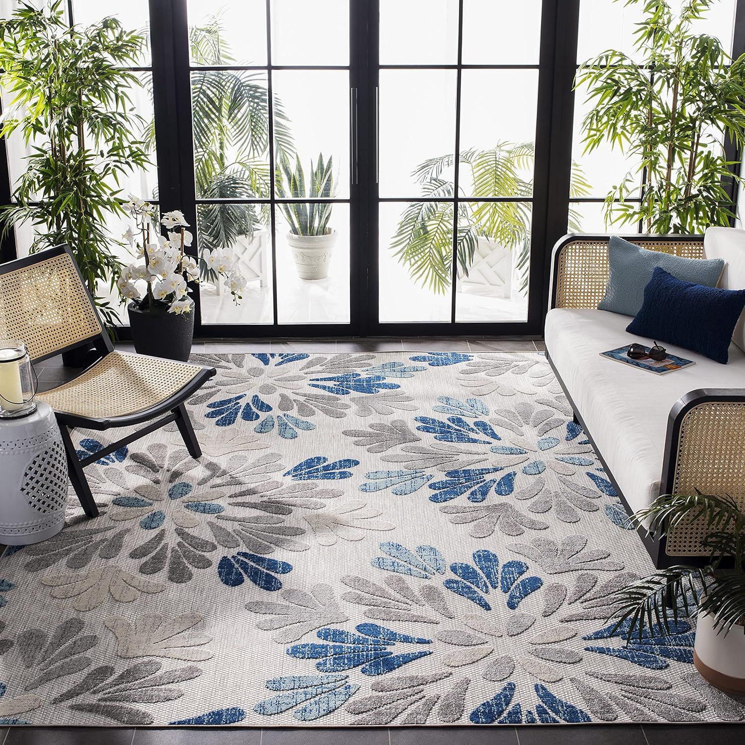 Blue and Gray Floral Square Indoor/Outdoor Rug