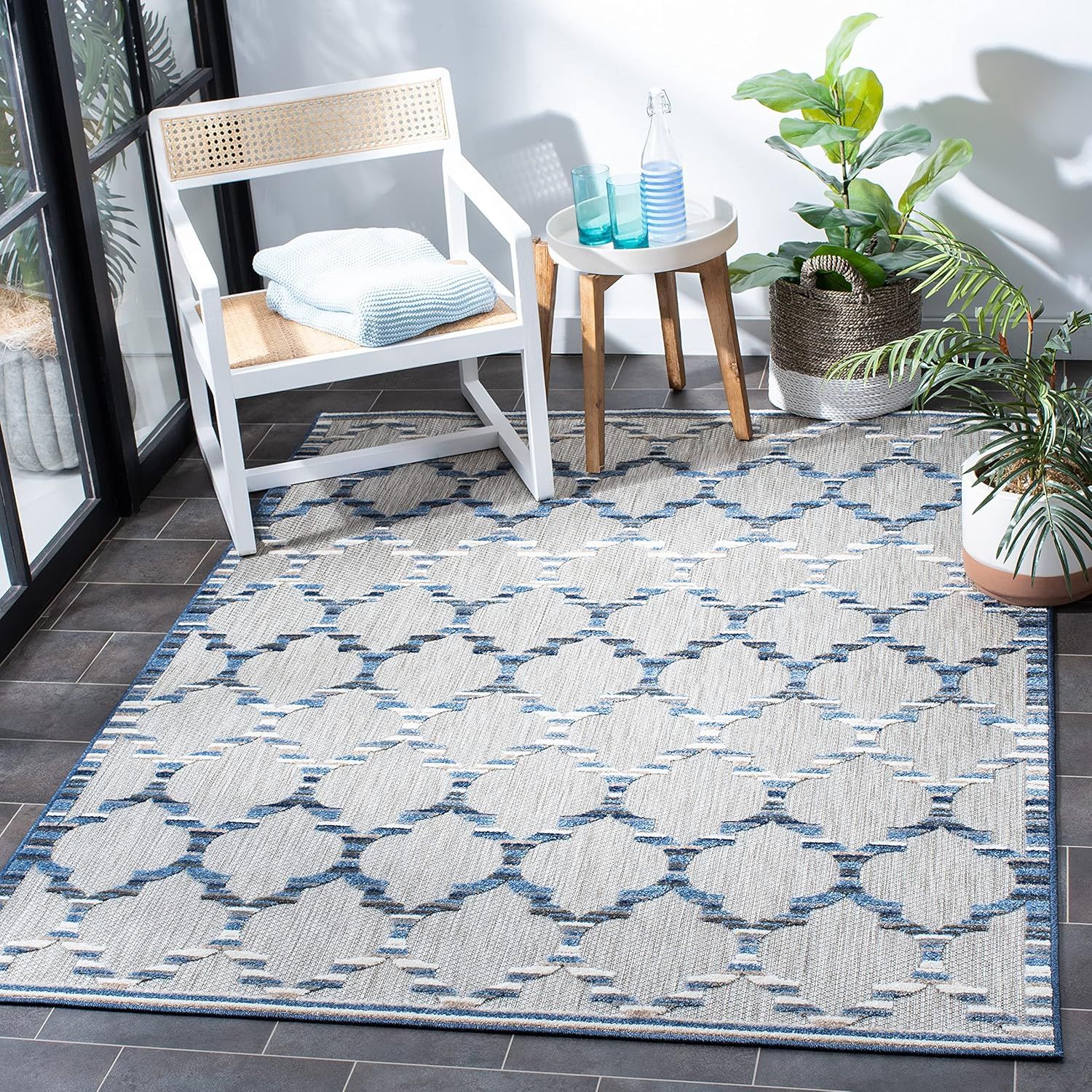 Grey and Blue Geometric 9' x 12' Synthetic Rug