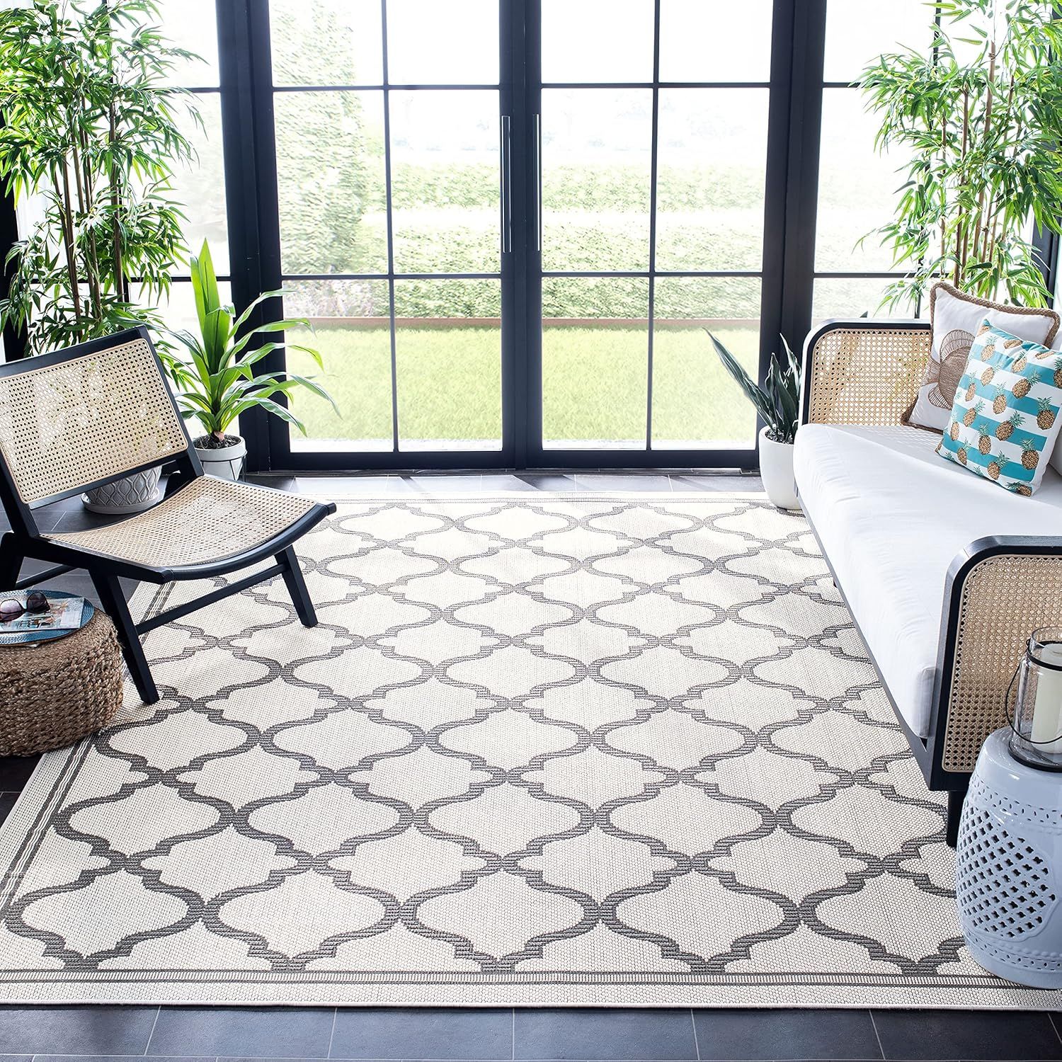 Ivory and Grey Square Synthetic Washable Area Rug