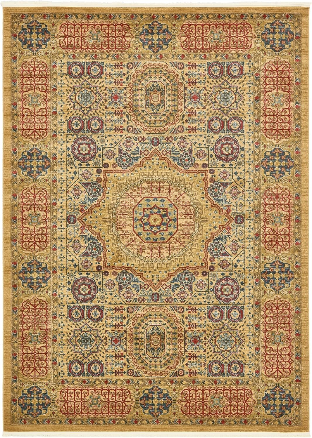 Beige and Multicolor Rectangular Synthetic 8' x 10' Area Rug