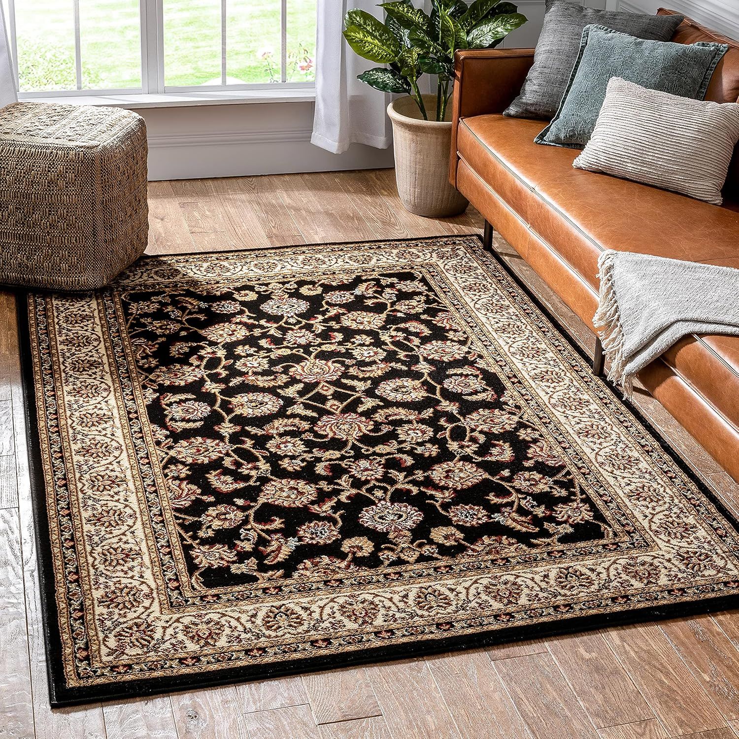 Barclay Black and Beige Synthetic Oriental Area Rug 7'10" x 9'10"