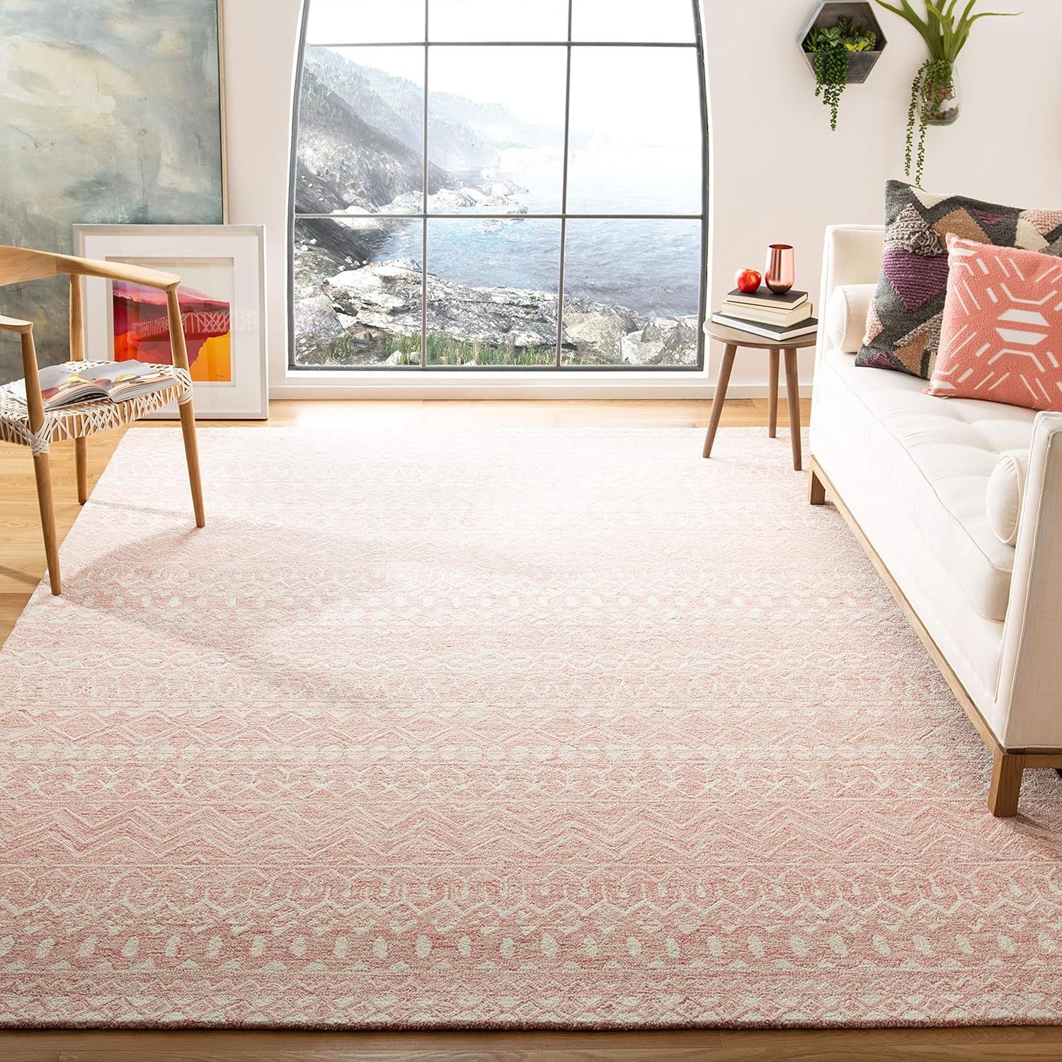 Elegant Pink and Ivory Tufted Wool Area Rug, 10' x 14', Handmade