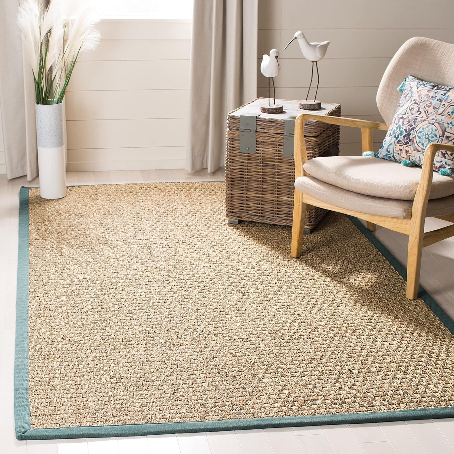 Natural and Light Blue Flat Woven Reversible Cotton Rug