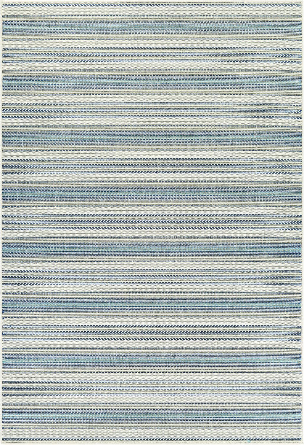 Ivory Sand Azure Blue 6' x 9' Flat Woven Stripe Rug