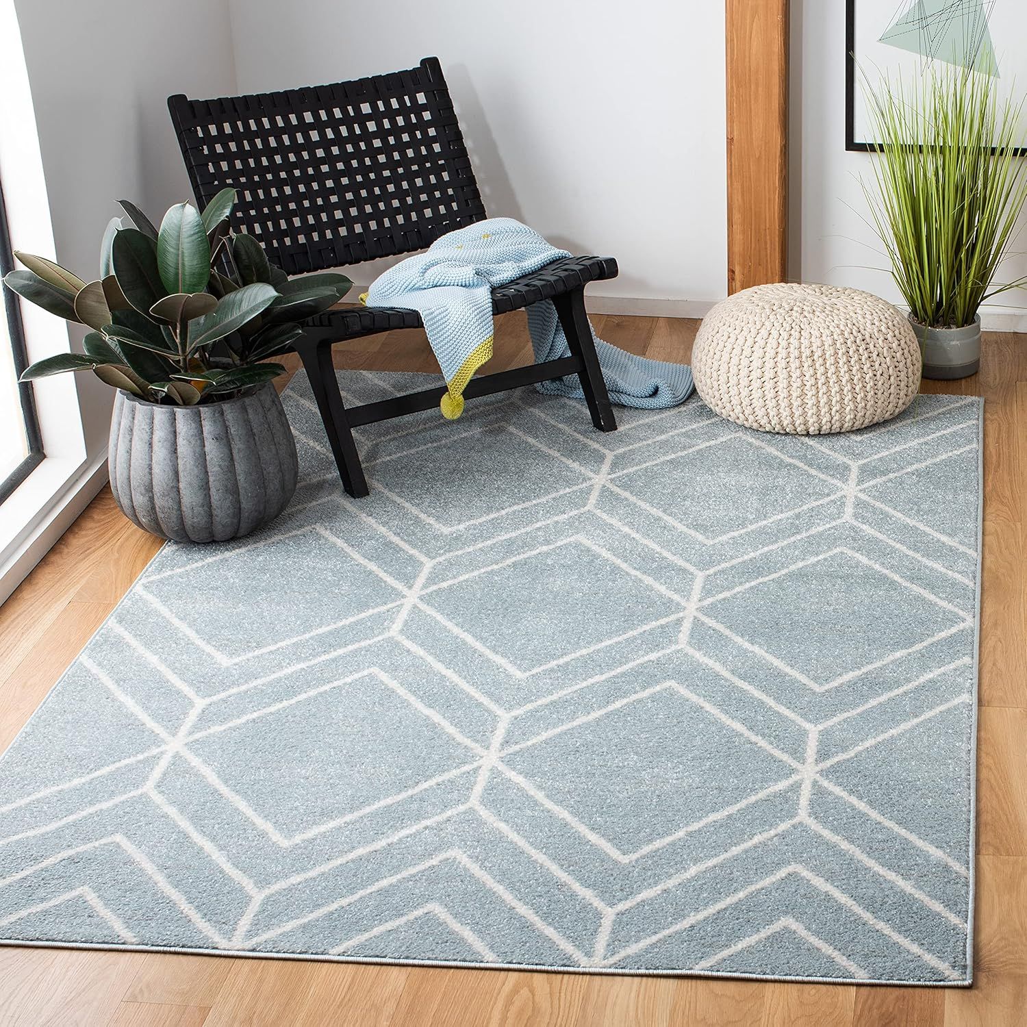 Ivory and Blue Geometric Square Synthetic Rug - 4' Hand-Knotted