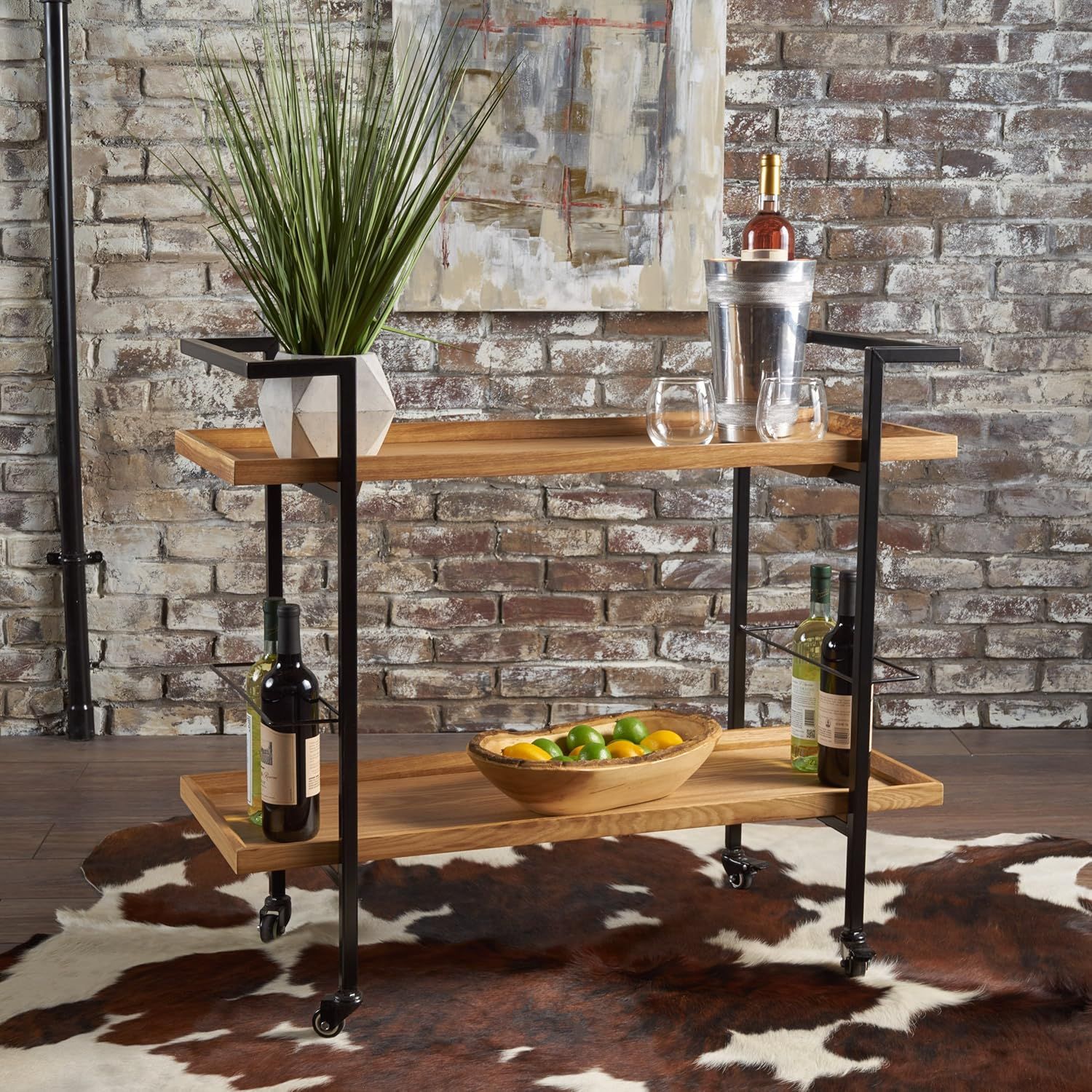 Gerard Natural Wood and Iron Industrial Bar Cart with Storage