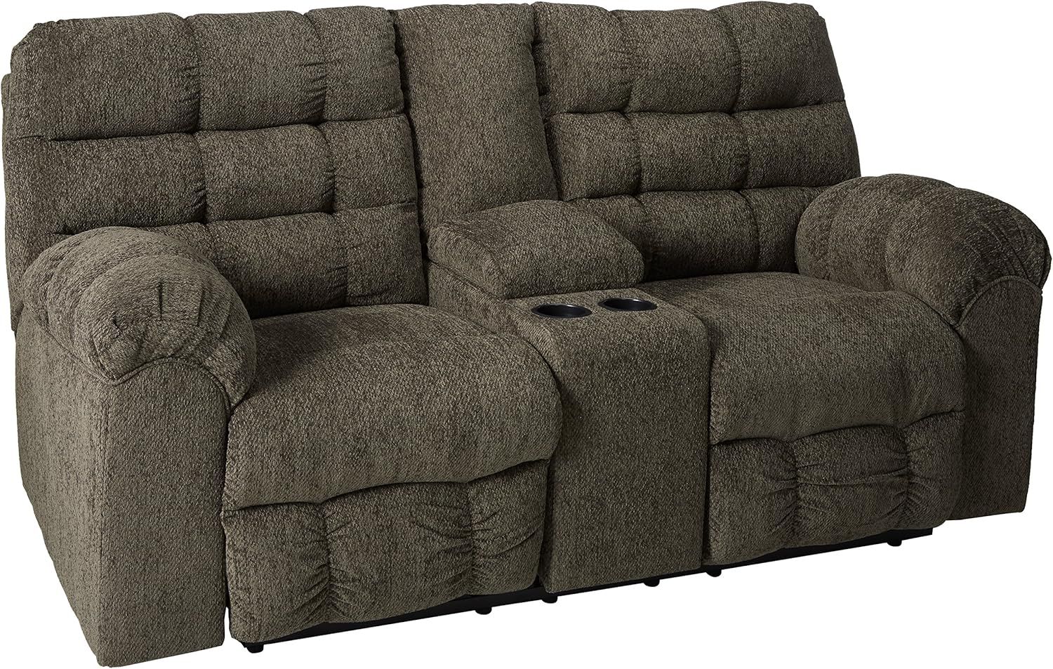 Slate Tufted Fabric Reclining Sofa with Storage and Cup Holders