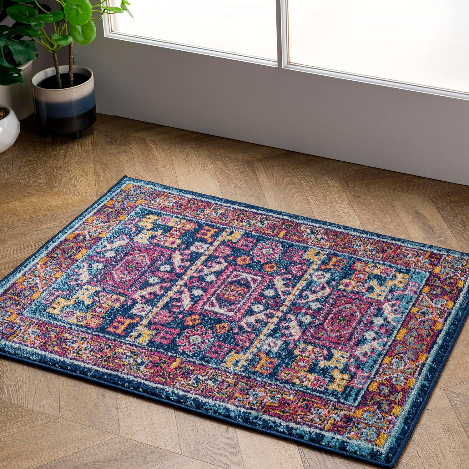 Navy and Multicolor Synthetic Rectangular Accent Rug, 2' x 3'