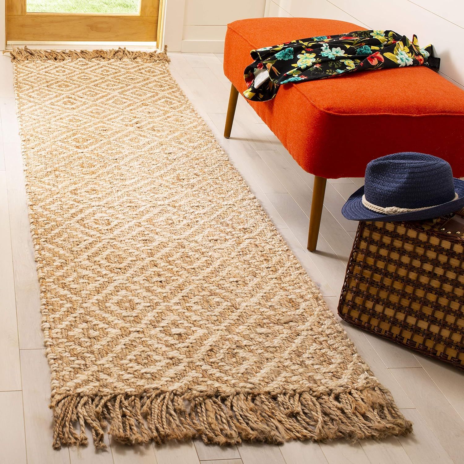 Ivory & Natural Geometric Handmade Jute Runner Rug - 2'3" x 8'